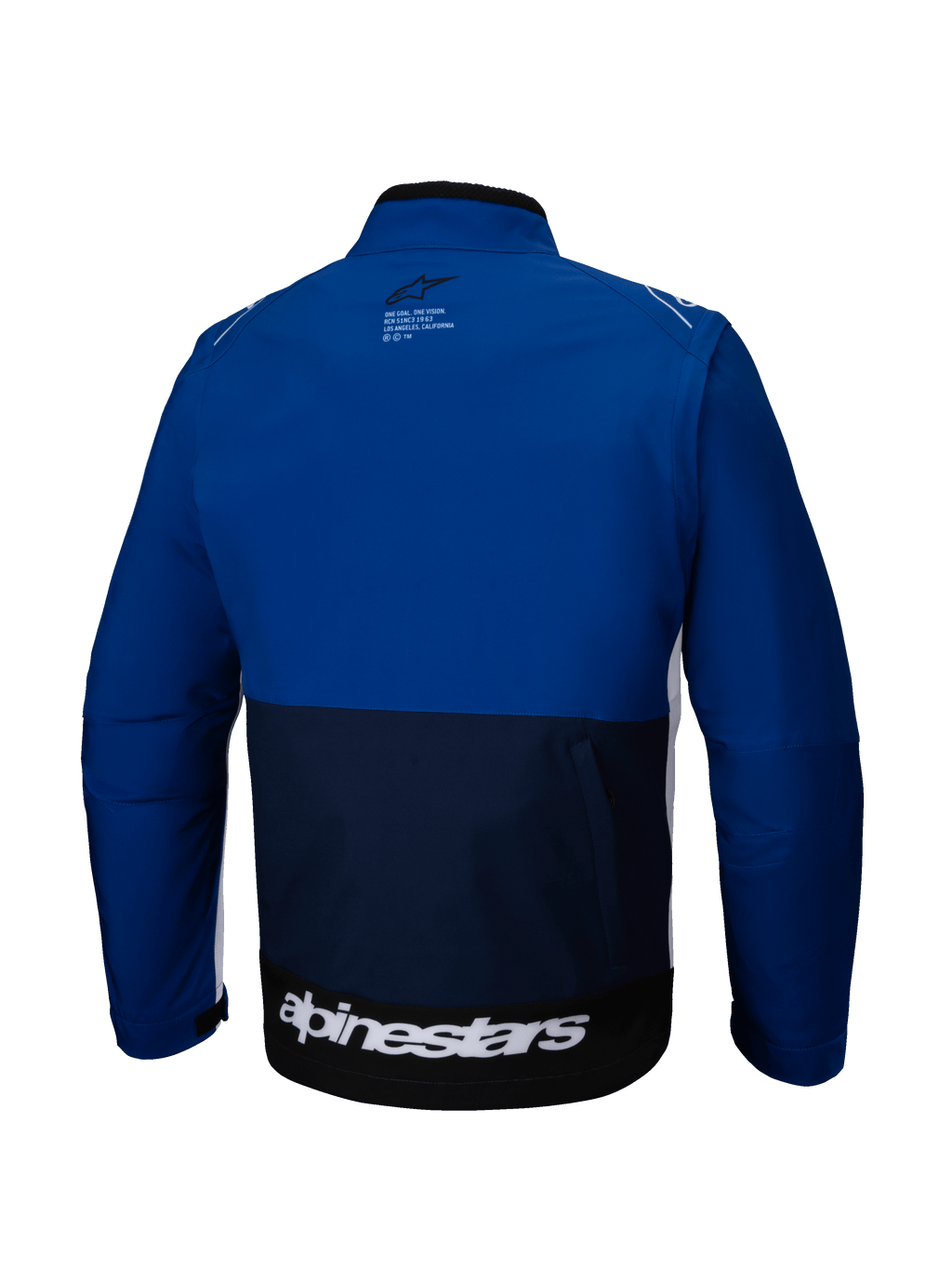 Alpinestars Giacca Softshell Lite-Dura, vista posteriore, navy, blu acceso e bianco, giacca da motociclismo off-road con design a blocchi di colore, grande logo bianco sul bordo inferiore posteriore e piccolo logo sulla parte superiore della schiena