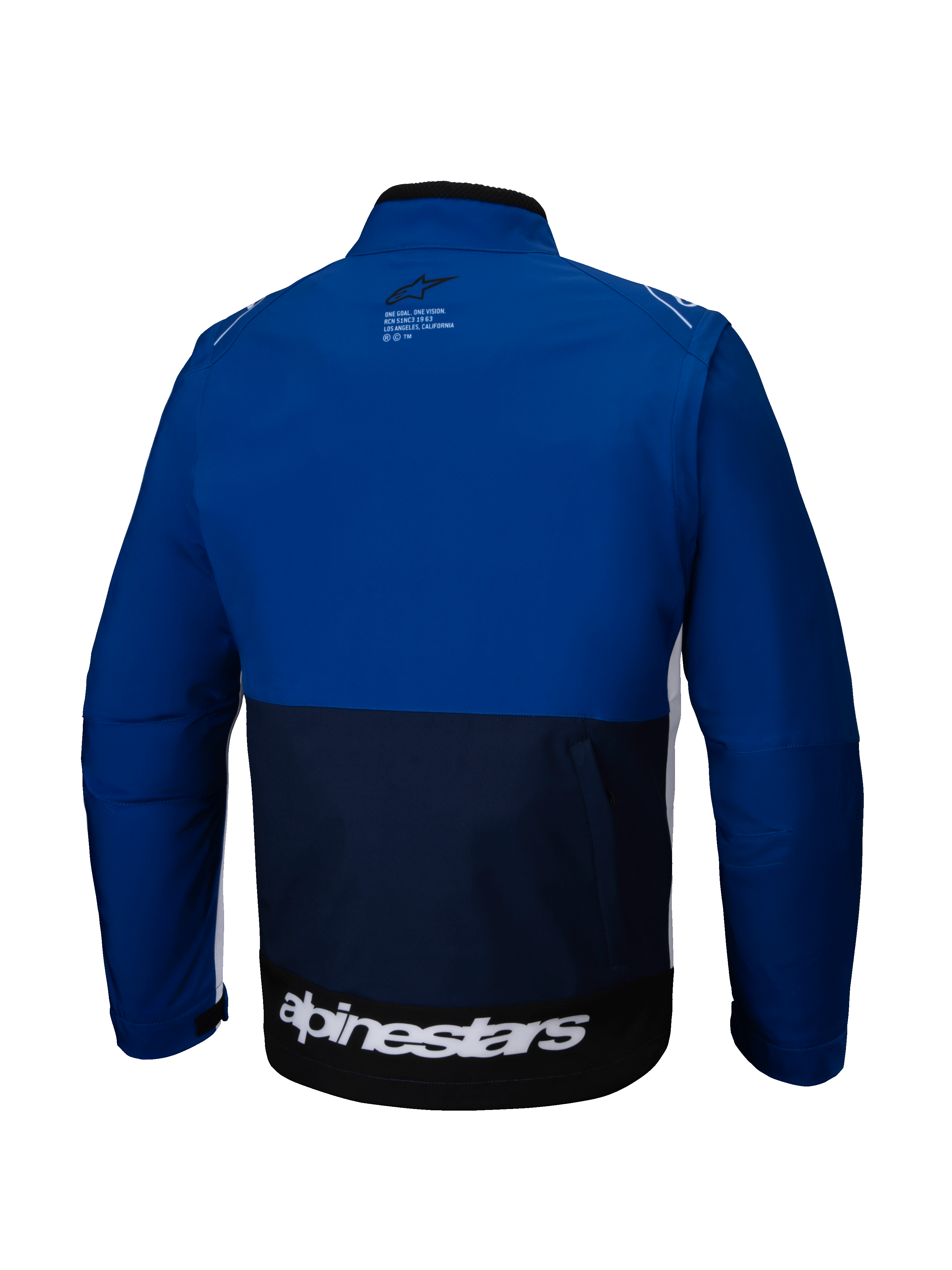 Alpinestars Giacca Softshell Lite-Dura, vista posteriore, navy, blu acceso e bianco, giacca da motociclismo off-road con design a blocchi di colore, grande logo bianco sul bordo inferiore posteriore e piccolo logo sulla parte superiore della schiena