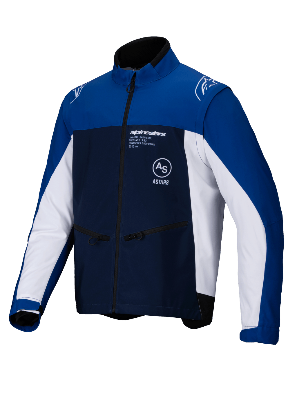 Alpinestars Lite-Dura Softshell Jacket, giacca da moto off-road, blu navy, blu brillante e bianco, cerniera frontale completa e tasche per le mani con zip, marchio Alpinestars sul petto e sulle spalle, materiale softshell resistente per la guida enduro