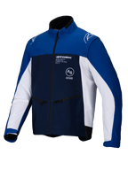 Alpinestars Lite-Dura Softshell Jacket, giacca da moto off-road, blu navy, blu brillante e bianco, cerniera frontale completa e tasche per le mani con zip, marchio Alpinestars sul petto e sulle spalle, materiale softshell resistente per la guida enduro