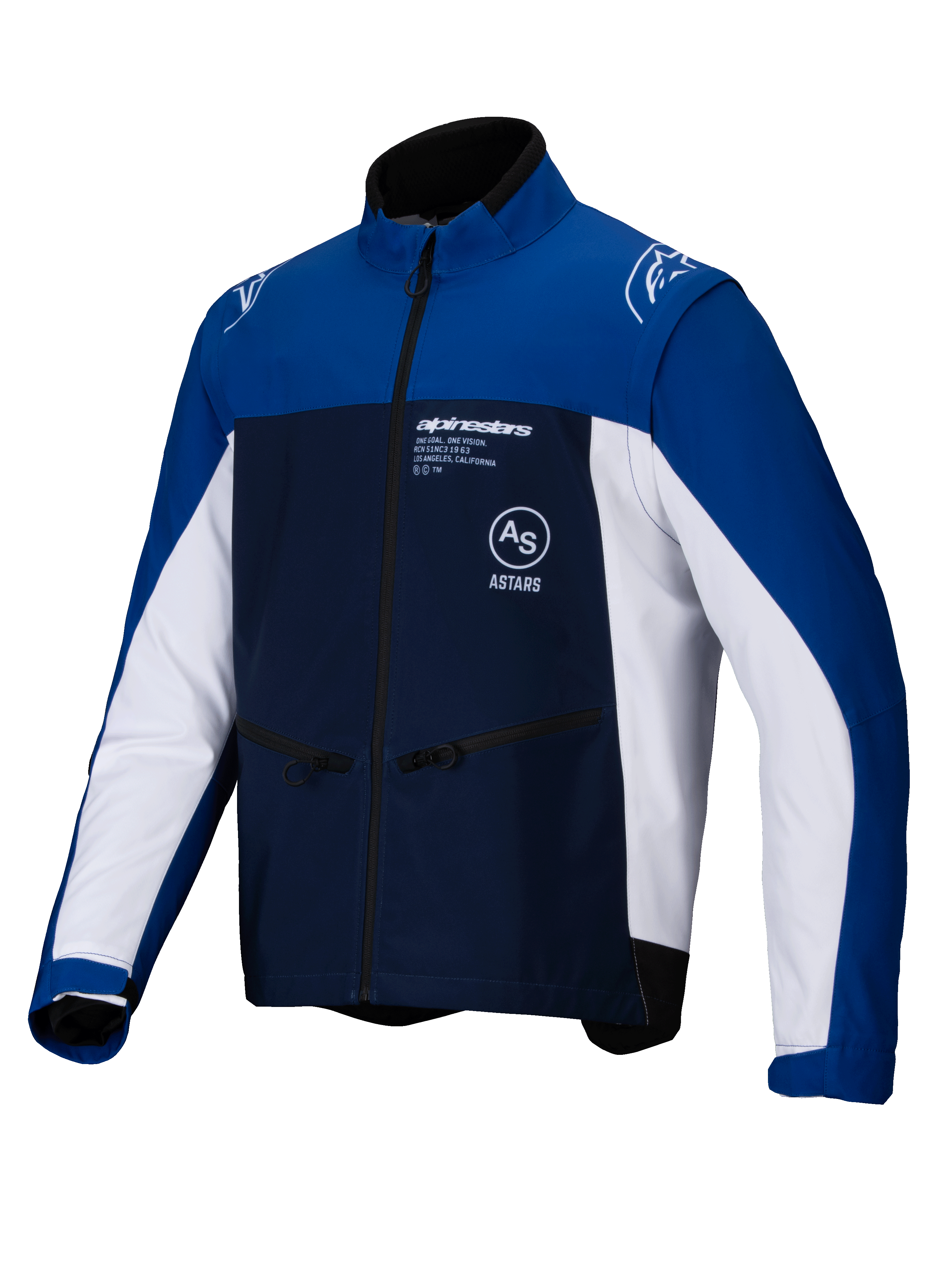 Alpinestars Lite-Dura Softshell Jacket, giacca da moto off-road, blu navy, blu brillante e bianco, cerniera frontale completa e tasche per le mani con zip, marchio Alpinestars sul petto e sulle spalle, materiale softshell resistente per la guida enduro