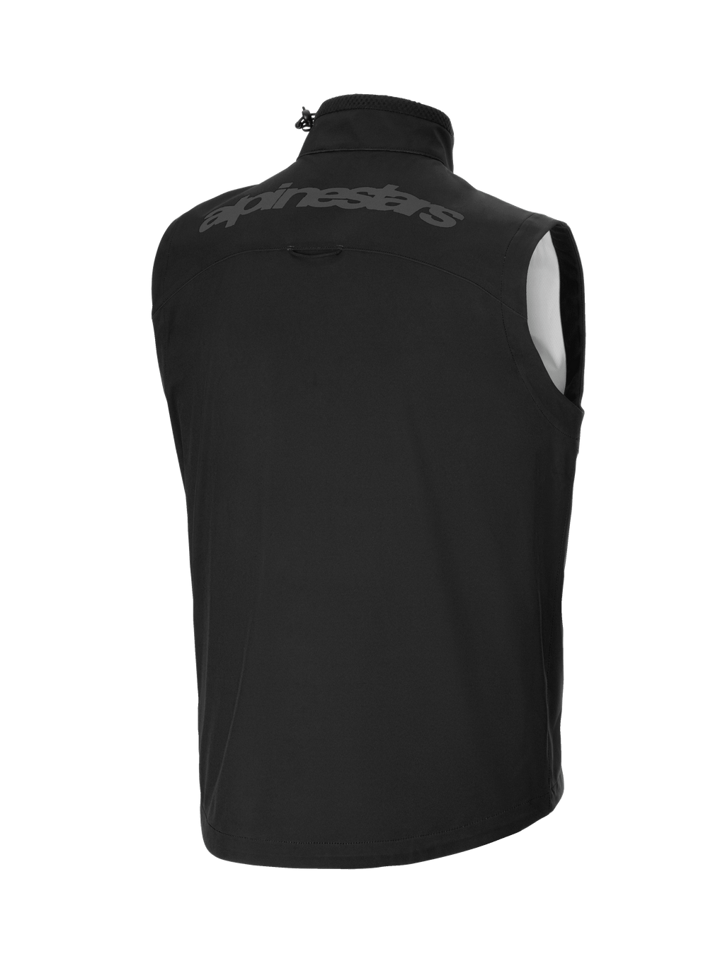 Gilet Alpinestars Techstar Softshell, nero, vista posteriore con grande marchio Alpinestars tono su tono sulla parte superiore della schiena, materiale softshell leggero e antivento, colletto alto con cordino regolabile, design ergonomico senza maniche per la stratificazione dell'abbigliamento off-road