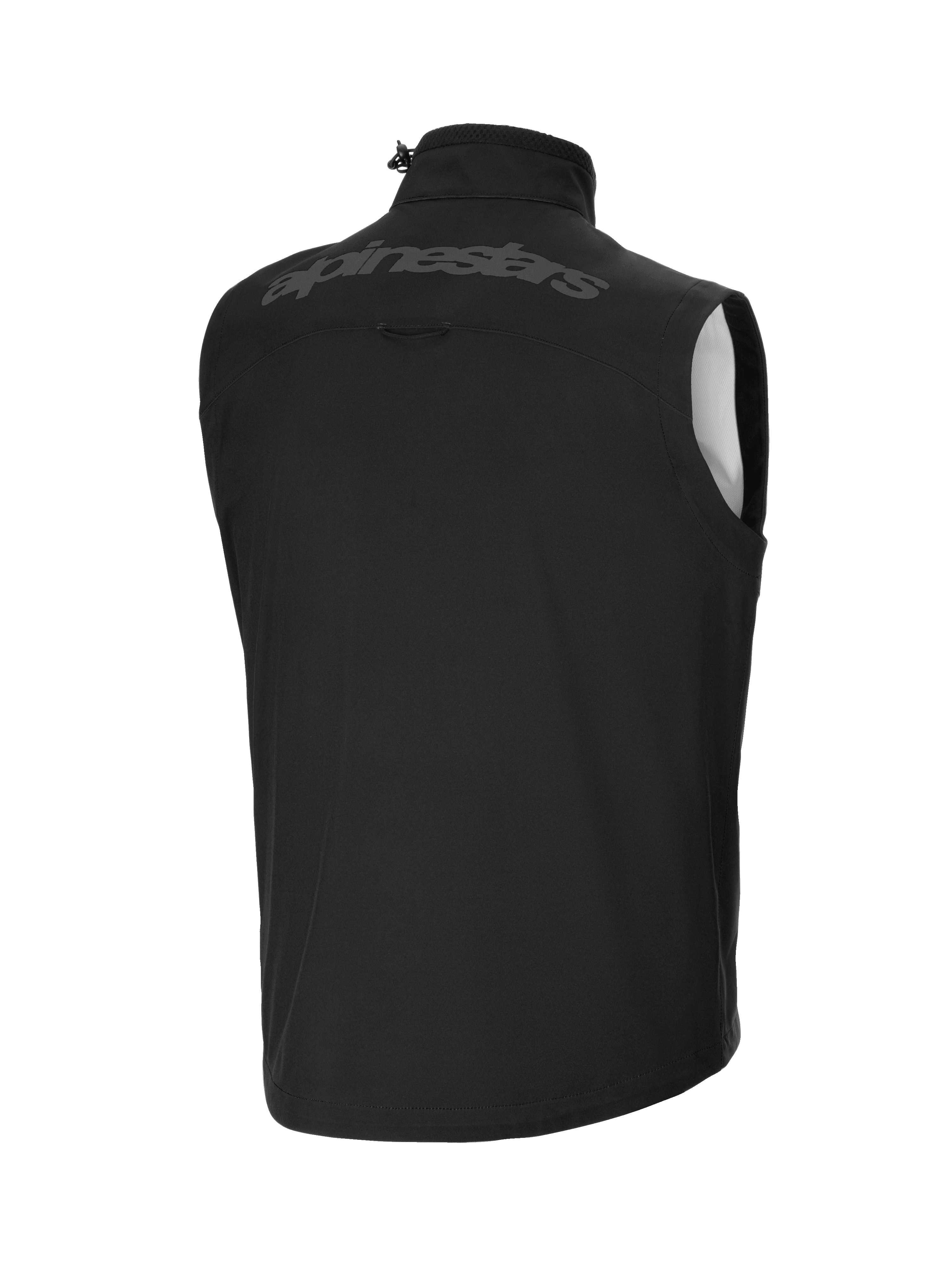 Gilet Alpinestars Techstar Softshell, nero, vista posteriore con grande marchio Alpinestars tono su tono sulla parte superiore della schiena, materiale softshell leggero e antivento, colletto alto con cordino regolabile, design ergonomico senza maniche per la stratificazione dell'abbigliamento off-road
