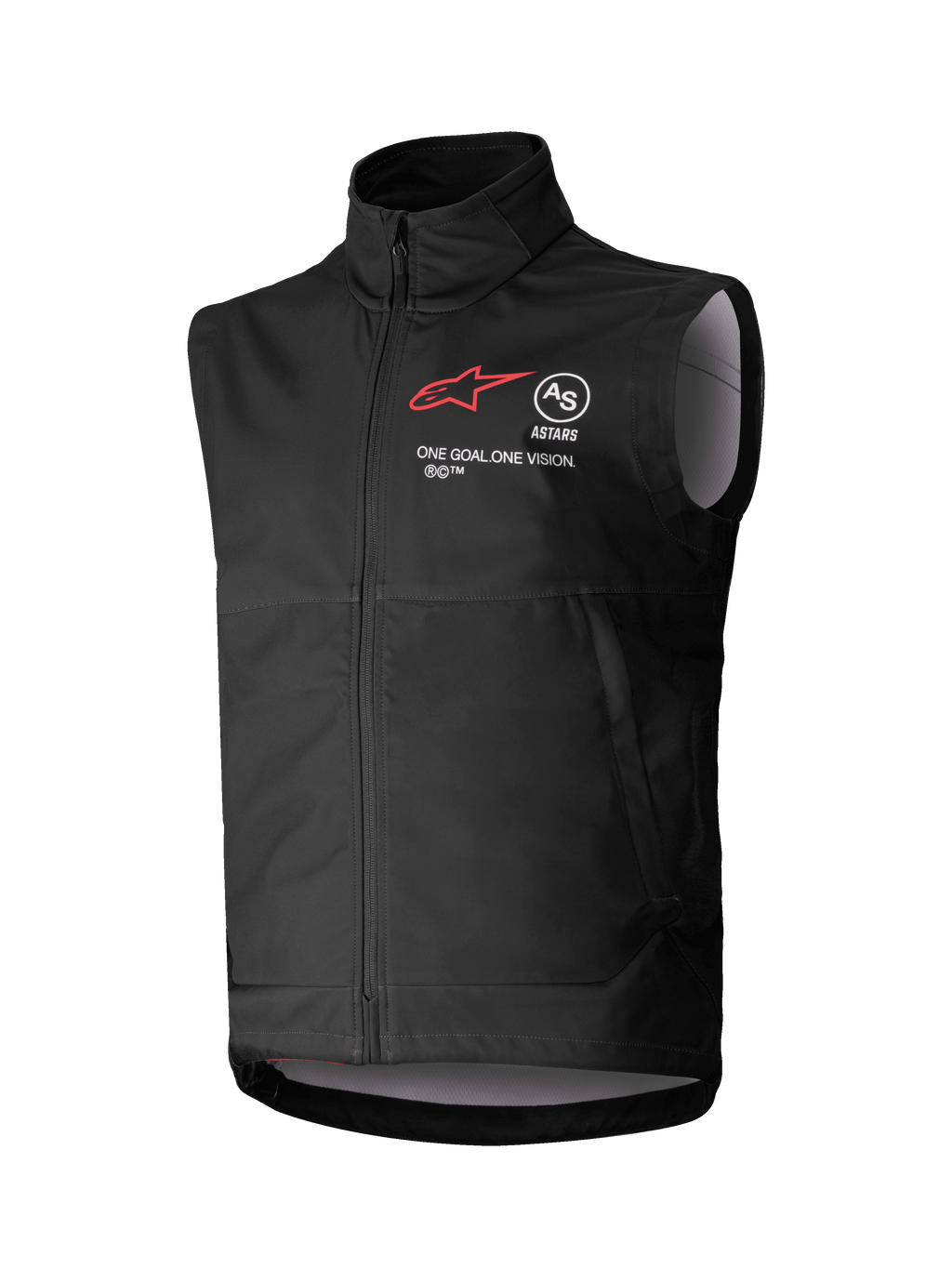 Alpinestars Techstar Softshell Vest, gilet nero da motocross senza maniche, colletto alto con cerniera frontale, logo a stella rosso con branding "ASTARS" e "ONE GOAL. ONE VISION." sul petto, tessuto softshell leggero e antivento con fodera interna grigio chiaro, progettato per il fuoristrada