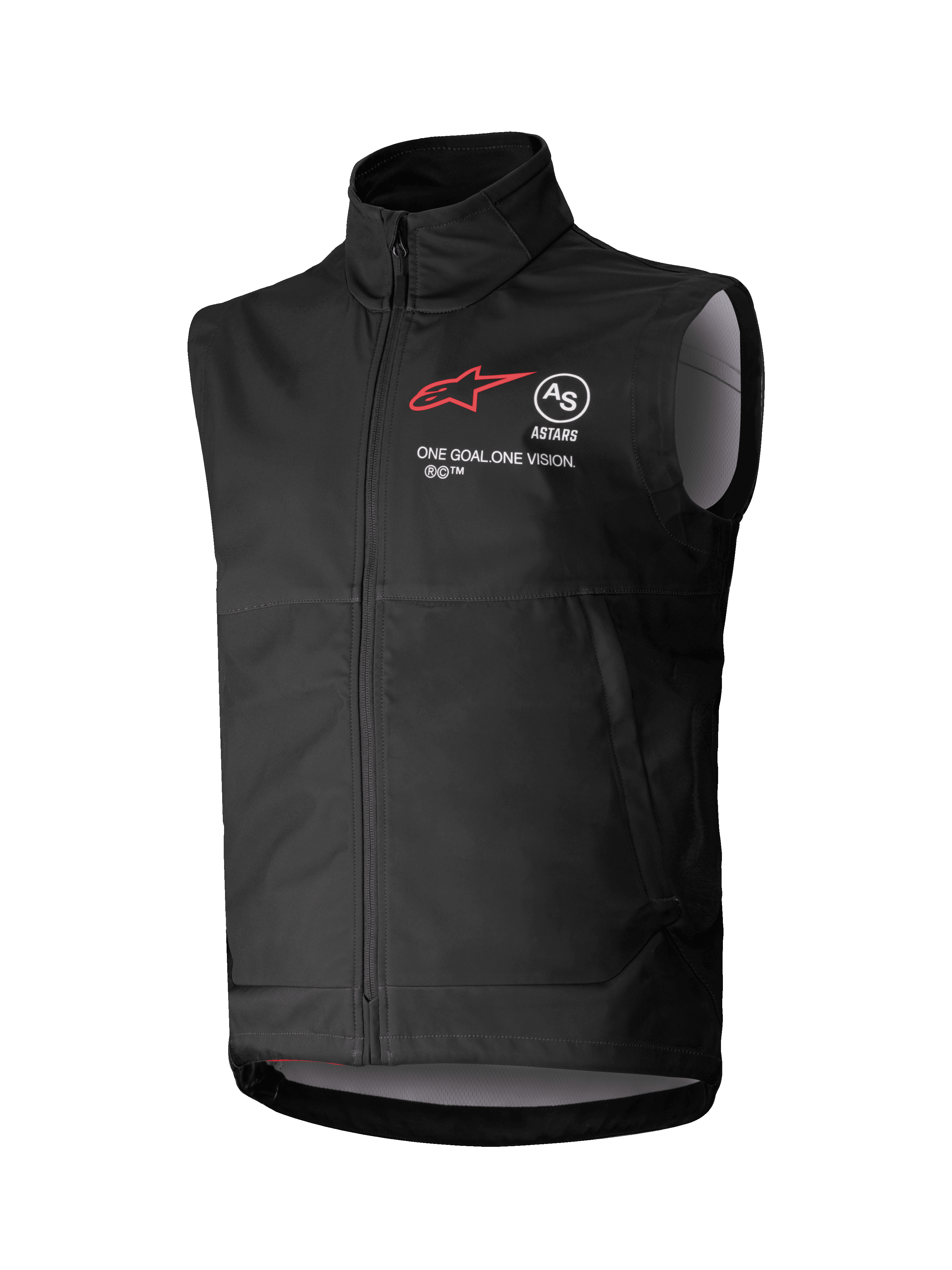 Alpinestars Techstar Softshell Vest, gilet nero da motocross senza maniche, colletto alto con cerniera frontale, logo a stella rosso con branding "ASTARS" e "ONE GOAL. ONE VISION." sul petto, tessuto softshell leggero e antivento con fodera interna grigio chiaro, progettato per il fuoristrada