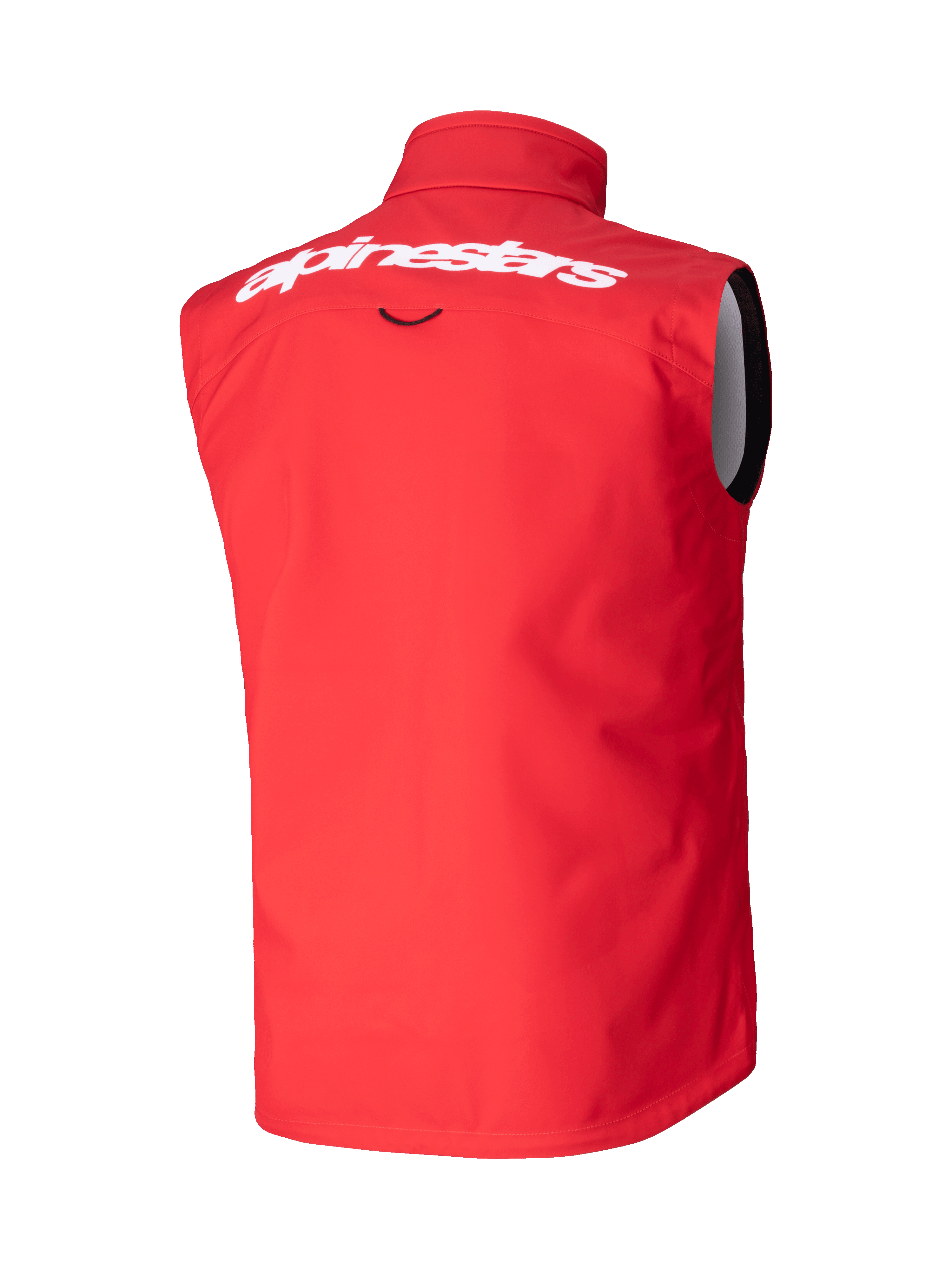Alpinestars Techstar Softshell Vest, gilet da motocross, rosso acceso, vista posteriore con marchio Alpinestars bianco sulla parte superiore della schiena, materiale softshell elasticizzato antivento, design ergonomico senza maniche per la guida fuoristrada