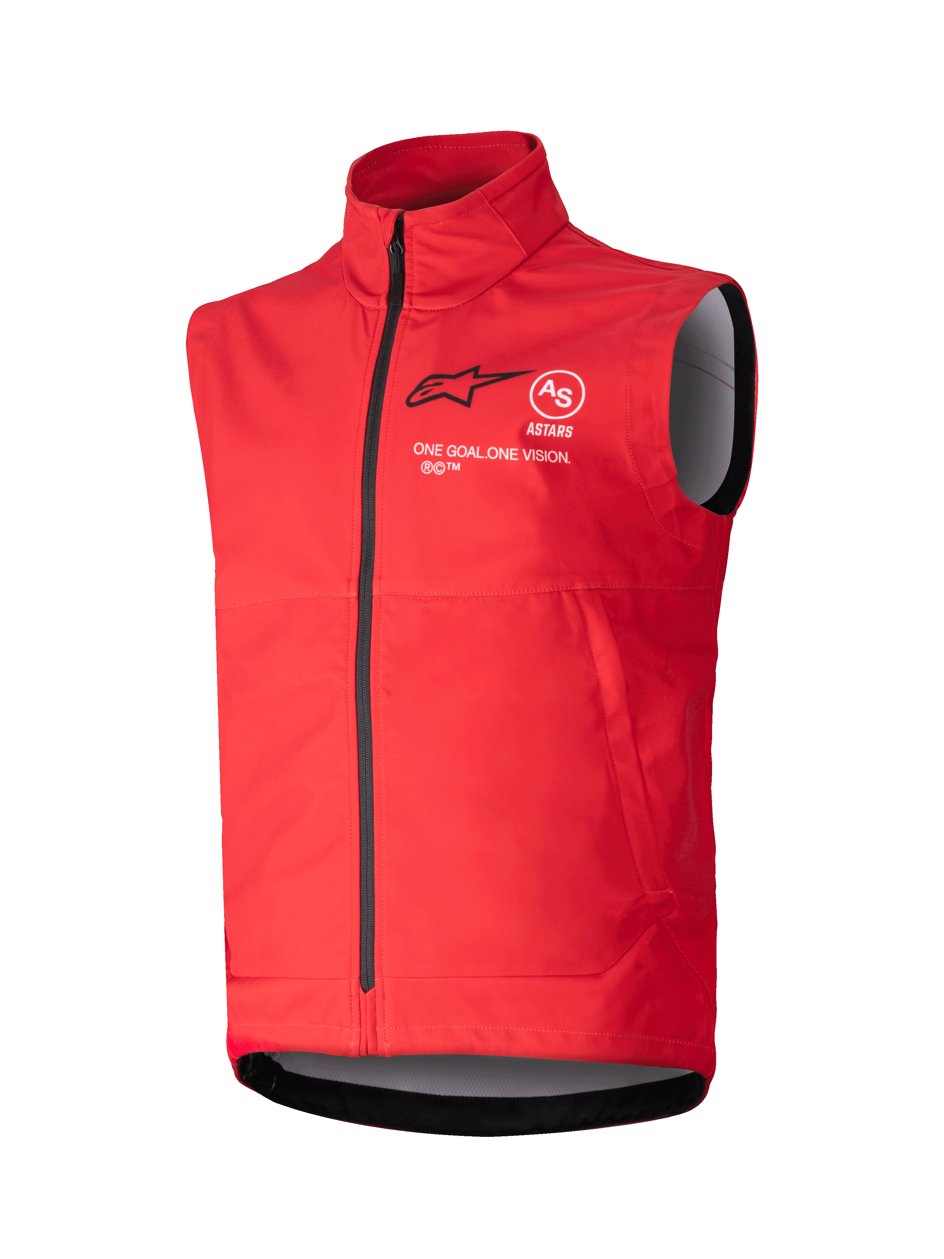 Alpinestars Techstar Softshell Vest, gilet antivento senza maniche rosso acceso, colletto alto con zip frontale nera, branding ASTARS bianco e nero con motto 'ONE GOAL ONE VISION' sul petto, fodera interna grigia, design sportivo per motocross