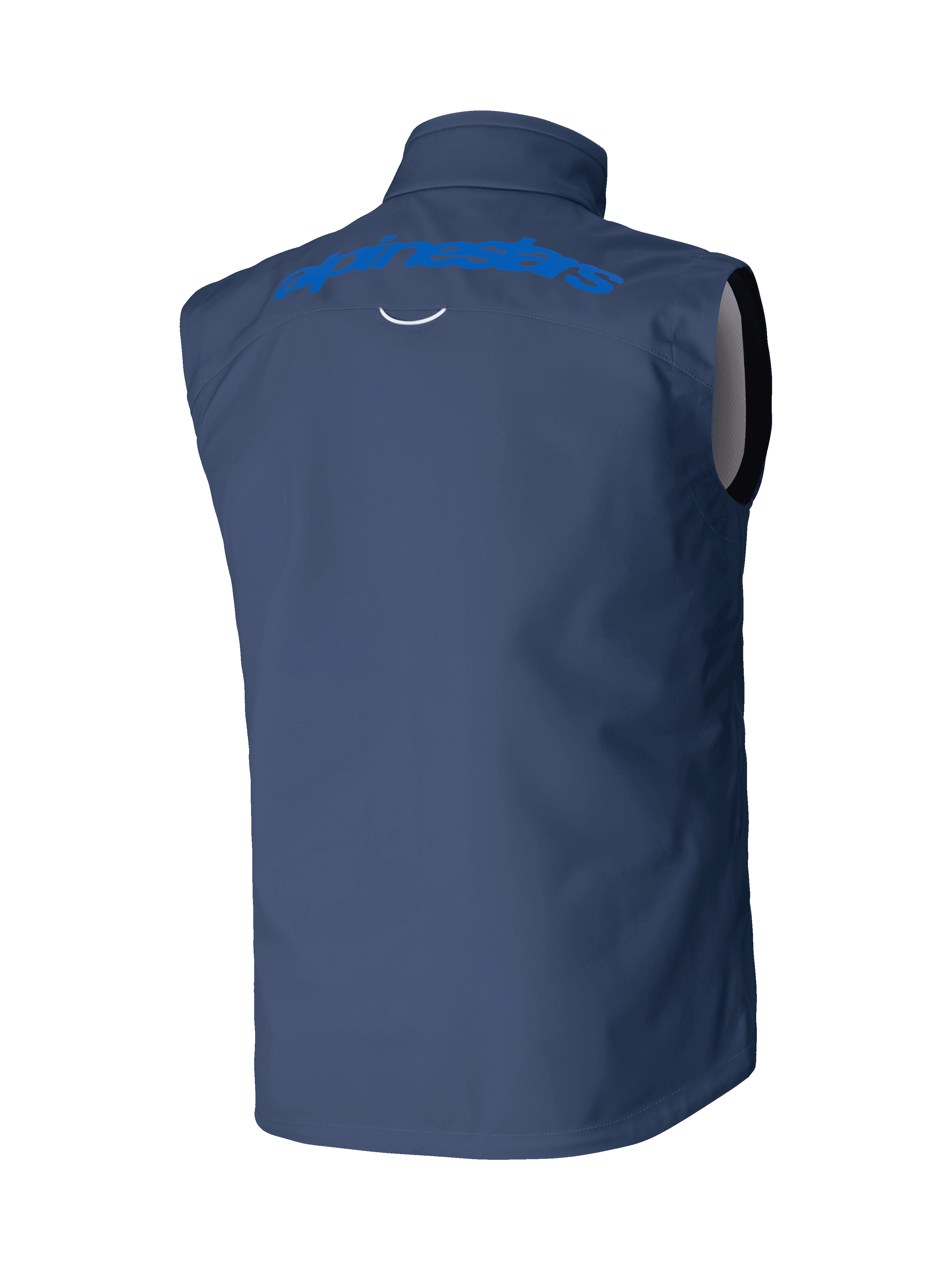 Gilet Alpinestars Techstar Softshell, blu navy, vista posteriore con scritta Alpinestars azzurra sulle spalle, costruzione softshell elasticizzata e antivento per motocross e guida off-road