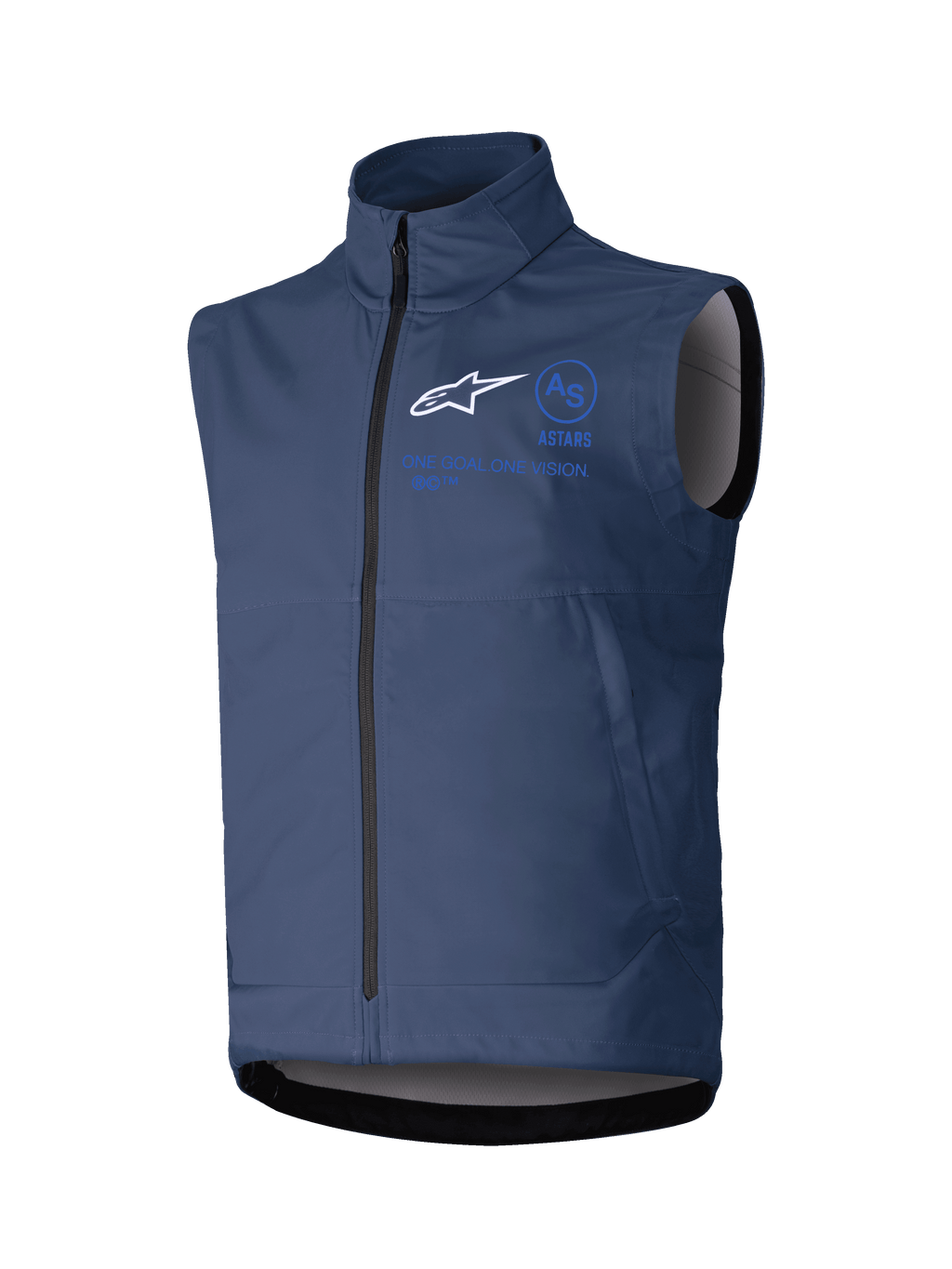 Alpinestars Techstar Softshell Vest, gilet da moto senza maniche, blu scuro, colletto alto con zip frontale, logo ASTARS bianco e branding blu, tessuto tecnico softshell per guida off-road