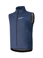 Alpinestars Techstar Softshell Vest, gilet da moto senza maniche, blu scuro, colletto alto con zip frontale, logo ASTARS bianco e branding blu, tessuto tecnico softshell per guida off-road