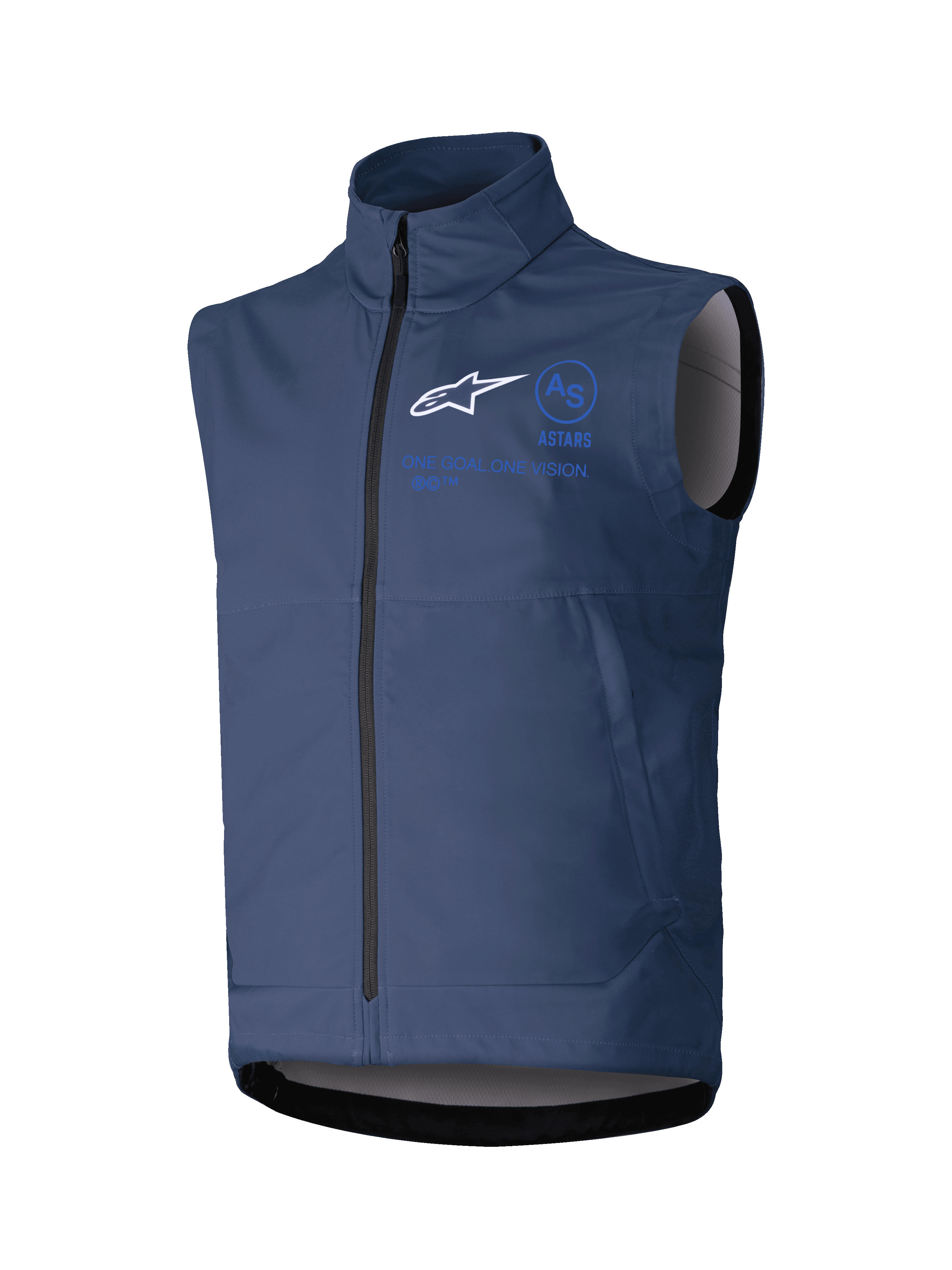 Alpinestars Techstar Softshell Vest, gilet da moto senza maniche, blu scuro, colletto alto con zip frontale, logo ASTARS bianco e branding blu, tessuto tecnico softshell per guida off-road