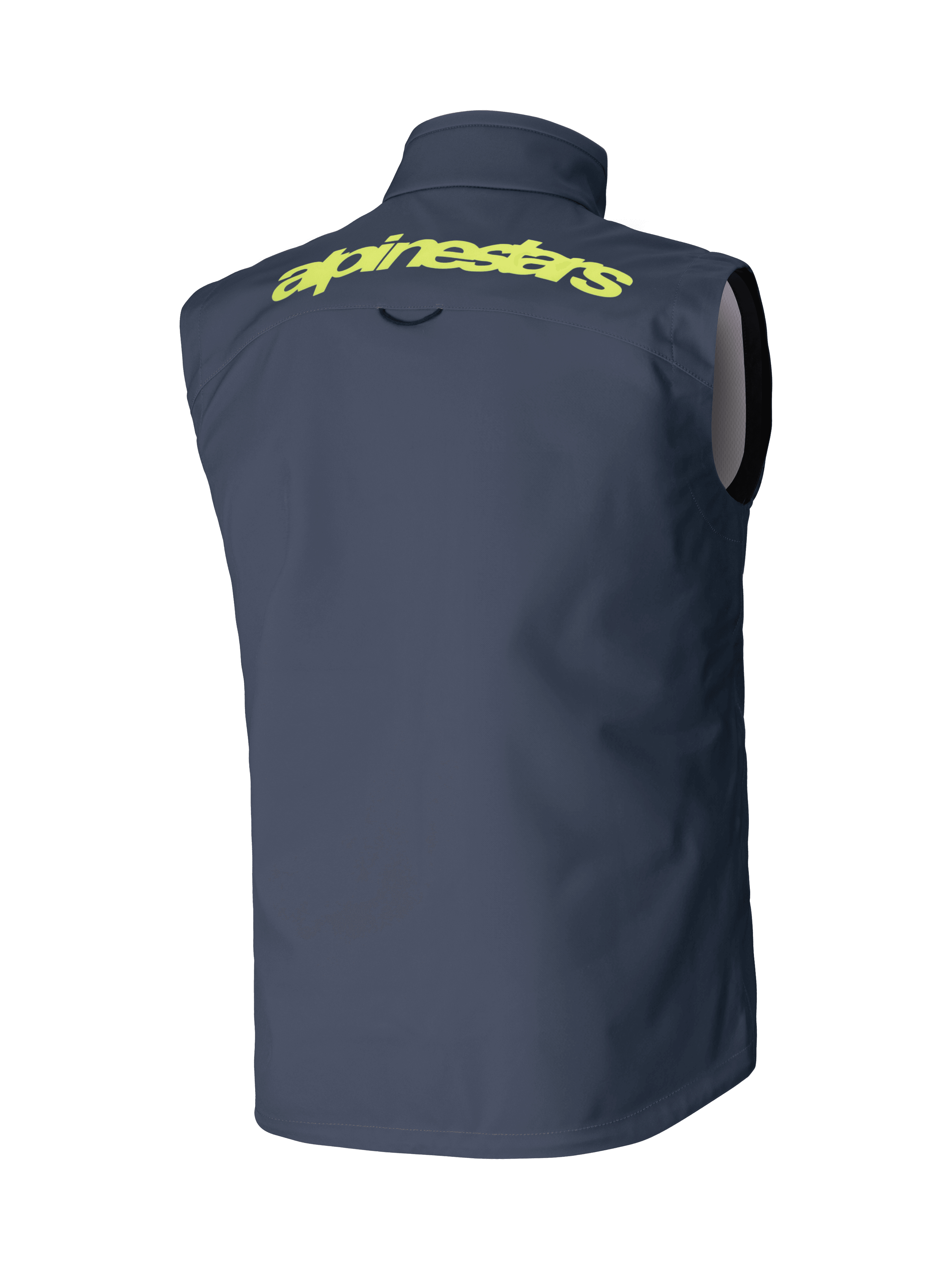 Gilet Alpinestars Techstar Softshell, grigio scuro, vista posteriore, con scritta Alpinestars gialla sulle spalle, design smanicato antivento, abbigliamento tecnico per motocross e fuoristrada