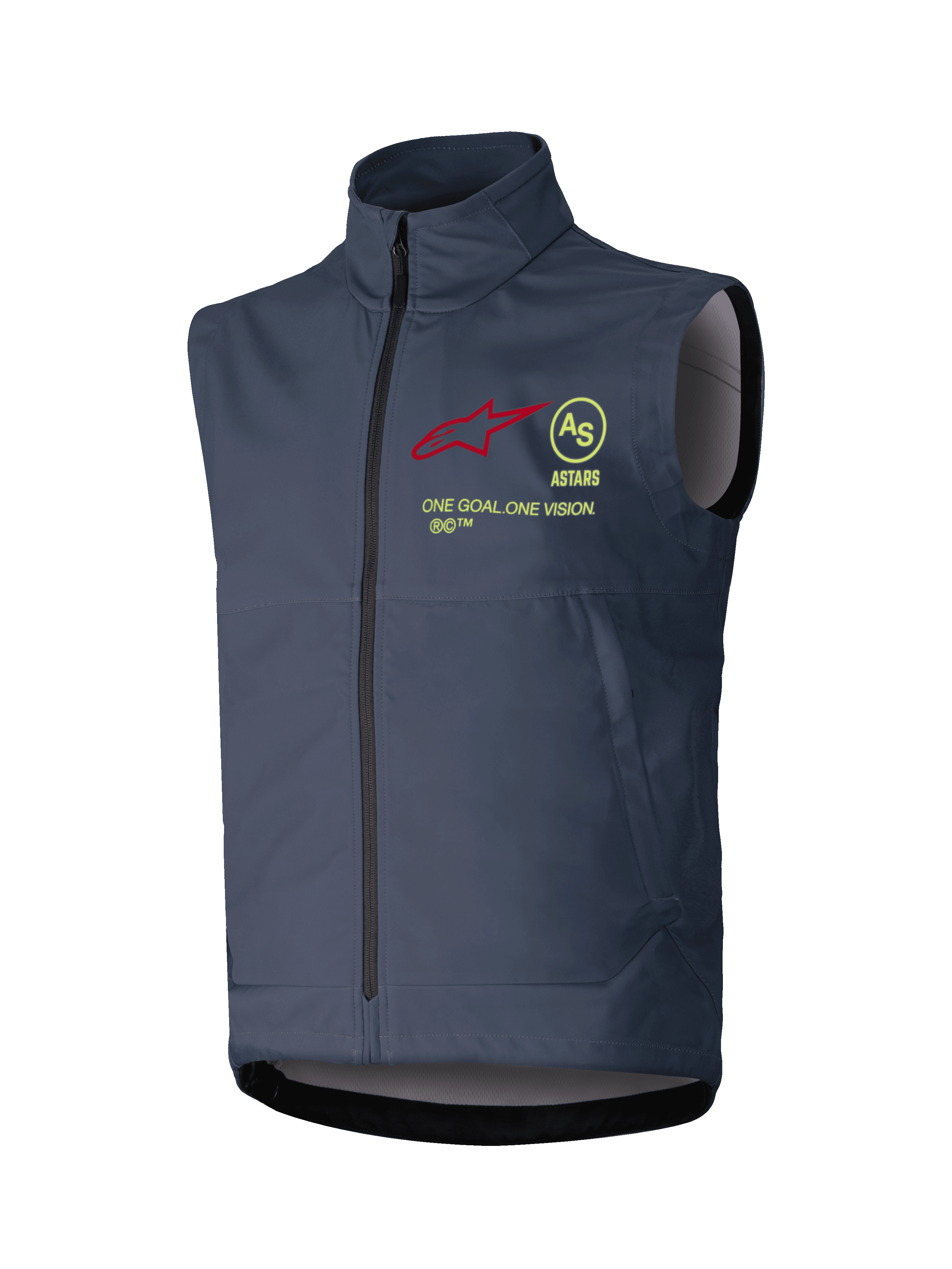 Alpinestars Techstar Softshell Vest, gilet senza maniche da motocross, grigio scuro, colletto alto con cerniera frontale a tutta lunghezza, con logo a stella rosso, emblema circolare AS giallo, scritta ASTARS e slogan ONE GOAL ONE VISION sul petto, strato antivento per fuoristrada.