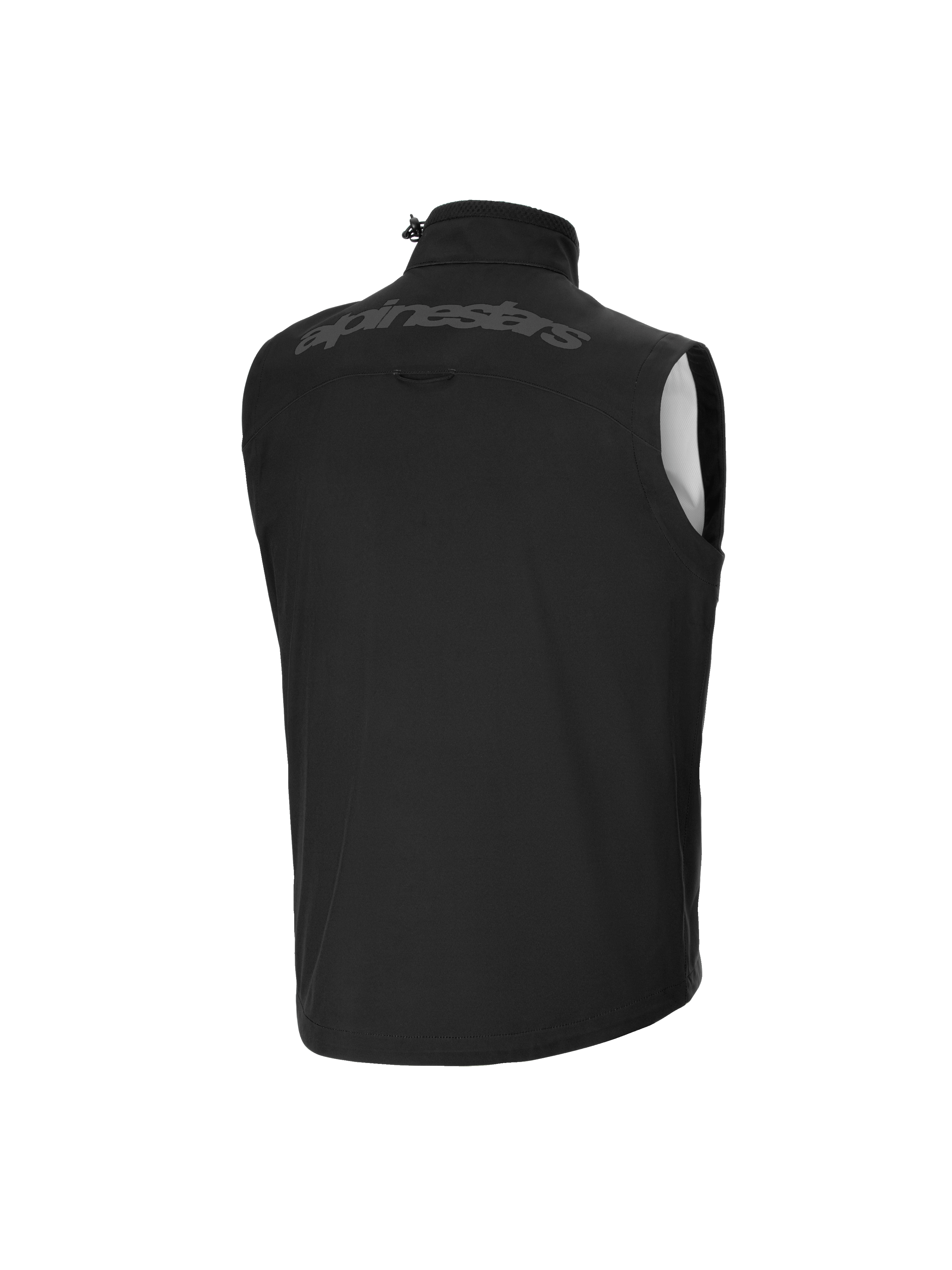 Alpinestars Gilet Softshell Techstar Ragazzo, gilet da motocross, nero, vista posteriore, con marchio Alpinestars tono su tono sulla parte superiore della schiena, collo alto con cordino di regolazione, materiale softshell leggero e antivento