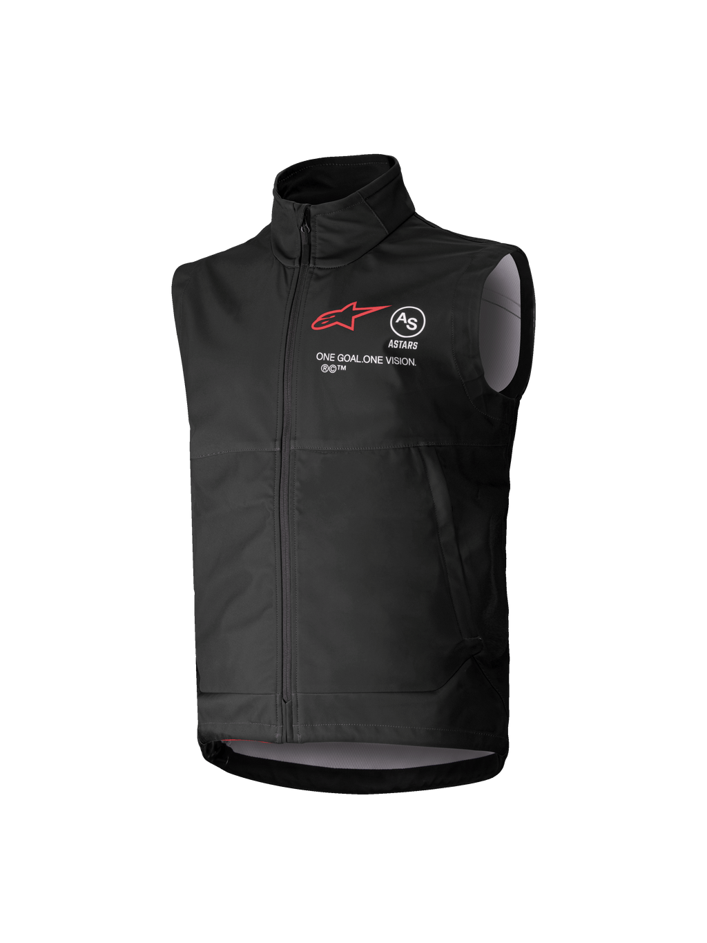 Alpinestars Gilet Softshell Techstar Ragazzo, nero, gilet da motocross senza maniche con logo a stella rossa, collo alto, zip frontale, branding 'ONE GOAL. ONE VISION.', fodera interna grigio chiaro, abbigliamento da motorsport per ragazzi