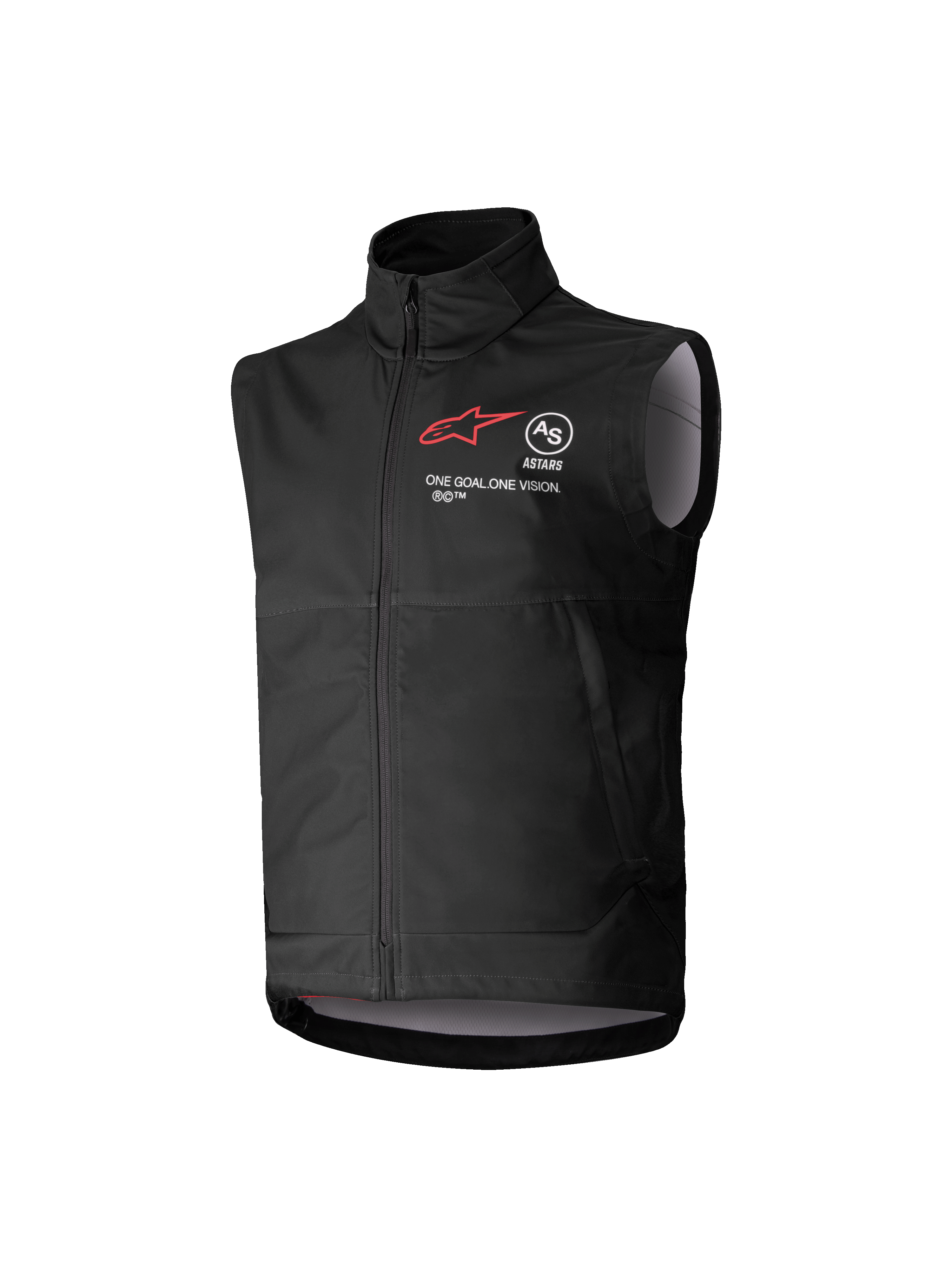 Alpinestars Gilet Softshell Techstar Ragazzo, nero, gilet da motocross senza maniche con logo a stella rossa, collo alto, zip frontale, branding 'ONE GOAL. ONE VISION.', fodera interna grigio chiaro, abbigliamento da motorsport per ragazzi