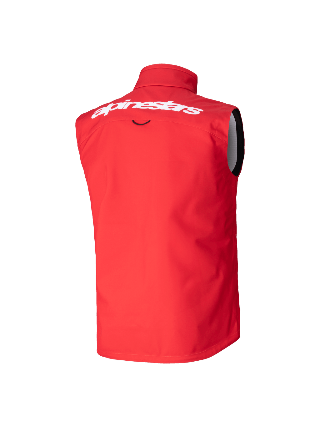 Alpinestars Youth Techstar Softshell Vest, gilet da motocross, rosso brillante, vista posteriore con grande scritta Alpinestars bianca sulla parte superiore della schiena, design softshell senza maniche con collo alto per la protezione dal vento