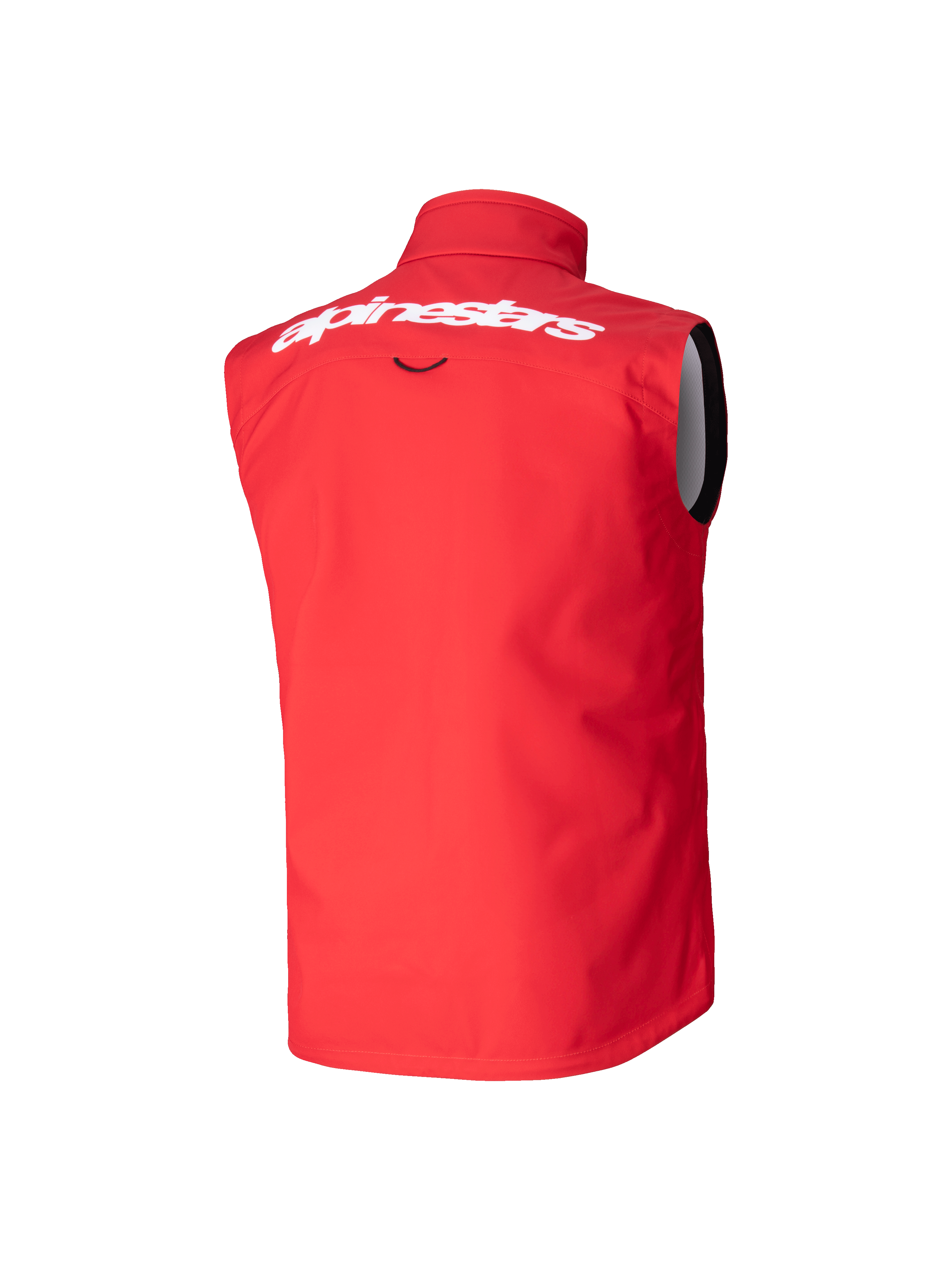 Alpinestars Youth Techstar Softshell Vest, gilet da motocross, rosso brillante, vista posteriore con grande scritta Alpinestars bianca sulla parte superiore della schiena, design softshell senza maniche con collo alto per la protezione dal vento