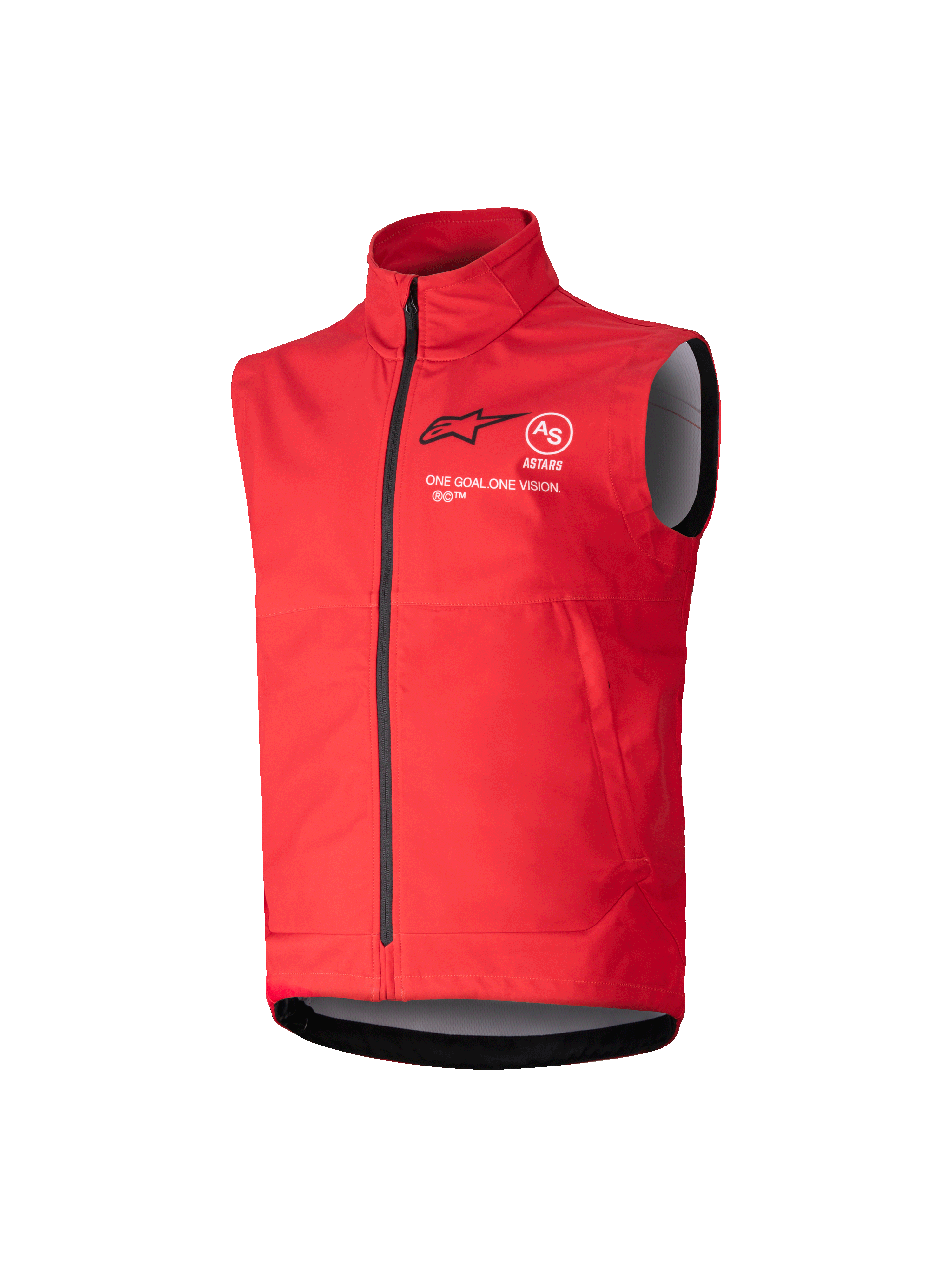 Alpinestars Youth Techstar Softshell Vest, gilet antivento da motocross per ragazzi, rosso brillante, collo alto con zip nera integrale, design senza maniche con fodera interna grigia, logo nero e scritte bianche sul petto