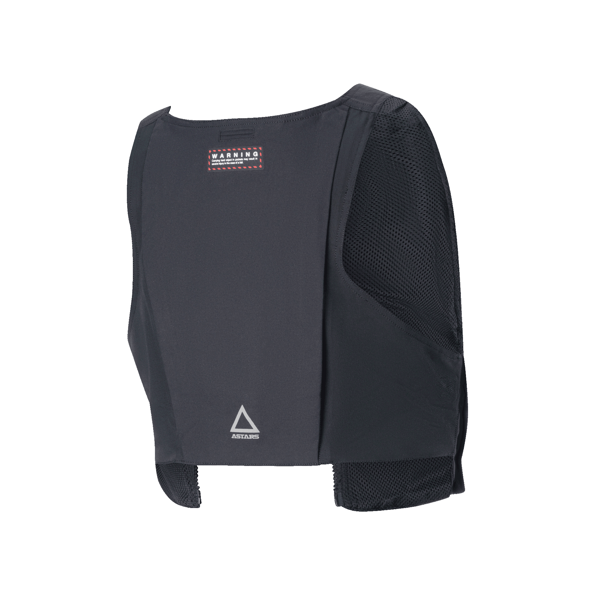 Alpinestars Gilet Tattico Techdura, vista posteriore, tessuto nero resistente con pannelli laterali in rete, con etichetta di avvertenza rossa e logo Astars a triangolo argento sulla parte bassa della schiena, scomparto modulare per guida enduro