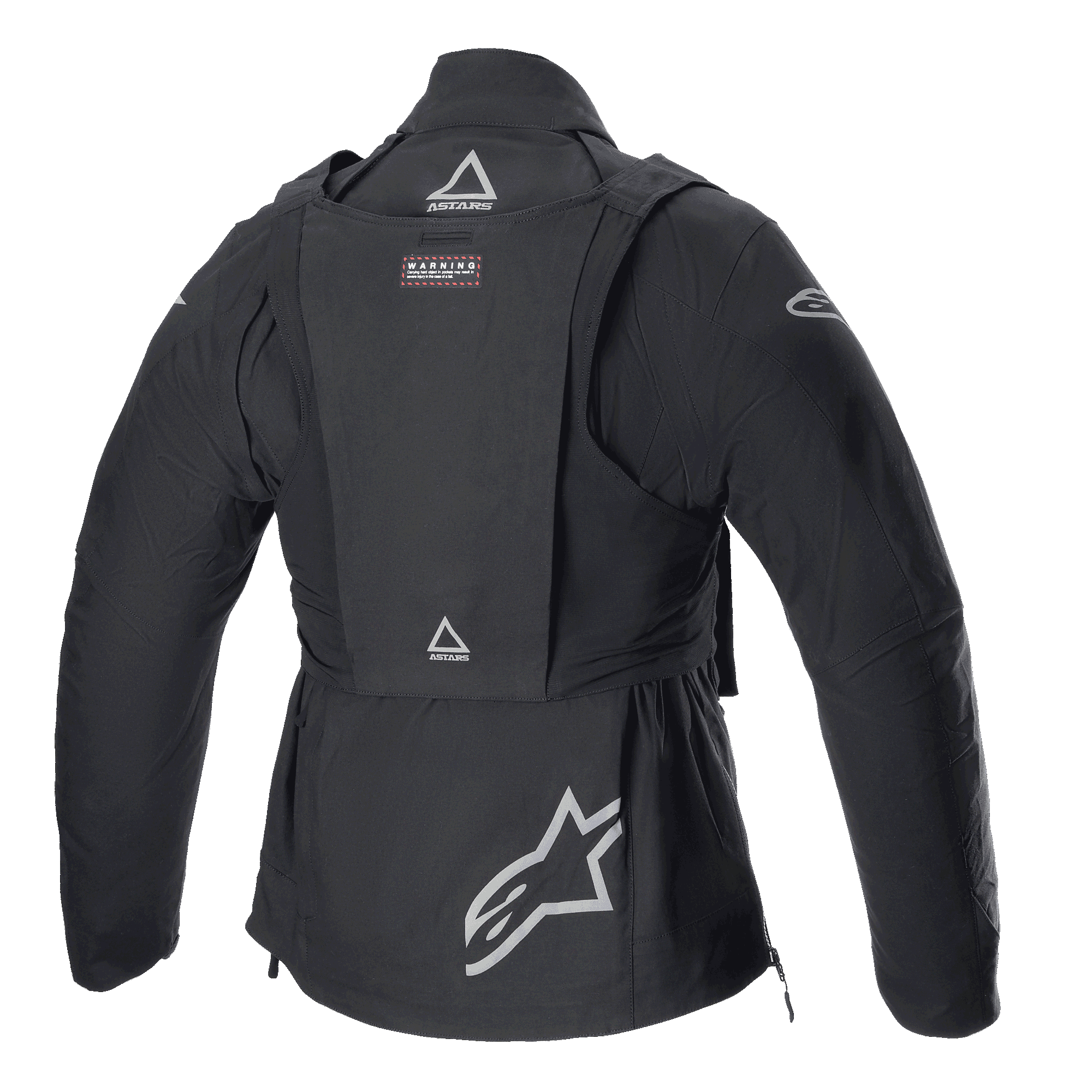 Giacca Alpinestars Techdura con Tactical Pack, giacca da moto off-road, Black Reflex, vista posteriore con gilet tattico staccabile e loghi ASTARS, grande logo a stella sulla parte inferiore della schiena, costruzione modulare robusta per l'enduro