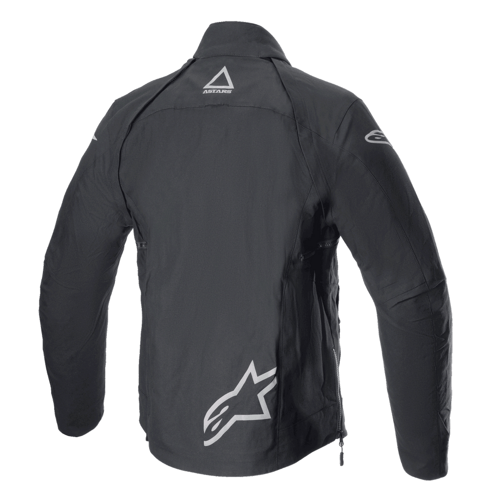 Alpinestars Techdura Jacket, Black Reflex, vista posteriore di giacca da moto tessile da fuoristrada, con loghi Alpinestars riflettenti sulla parte bassa della schiena e sulla parte superiore del collo, design robusto per enduro e adventure