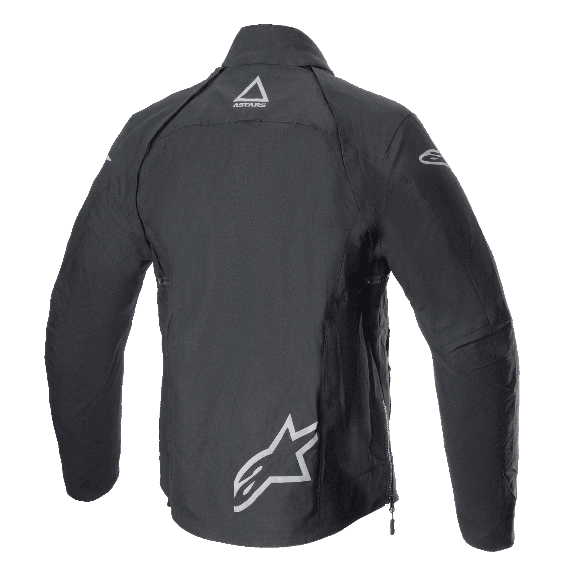 Alpinestars Techdura Jacket, Black Reflex, vista posteriore di giacca da moto tessile da fuoristrada, con loghi Alpinestars riflettenti sulla parte bassa della schiena e sulla parte superiore del collo, design robusto per enduro e adventure