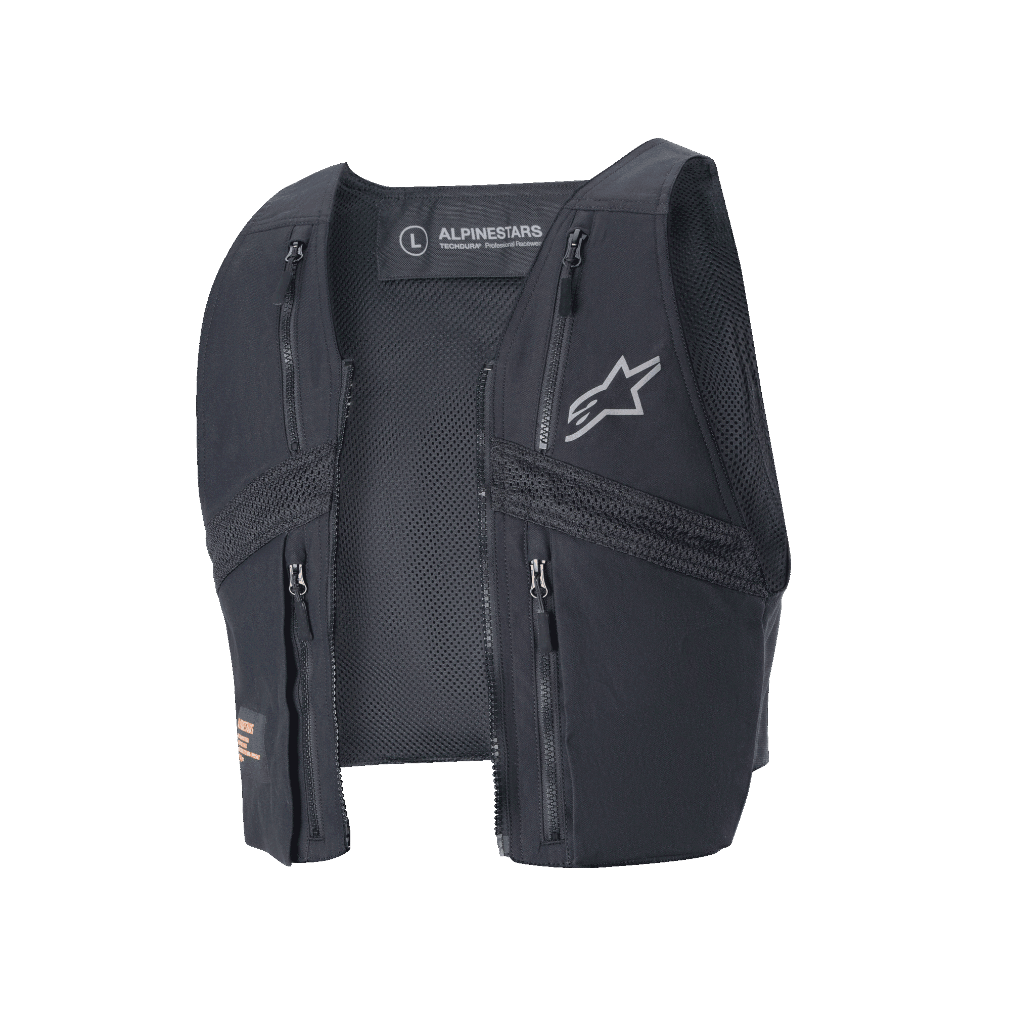 Gilet tattico Alpinestars Techdura, componente gilet staccabile nero per la giacca Techdura, dotato di quattro tasche anteriori con cerniera, pannelli in mesh traspirante e logo Alpinestars argento, equipaggiamento modulare per enduro e guida off-road.