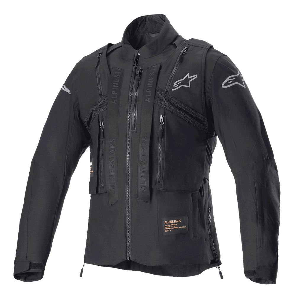 Giacca Alpinestars Techdura, Black Reflex, giacca da moto fuoristrada con gilet tattico integrato, vista frontale, con numerose tasche utility, costruzione in tessuto robusto e loghi Alpinestars argento, progettata per l'enduro