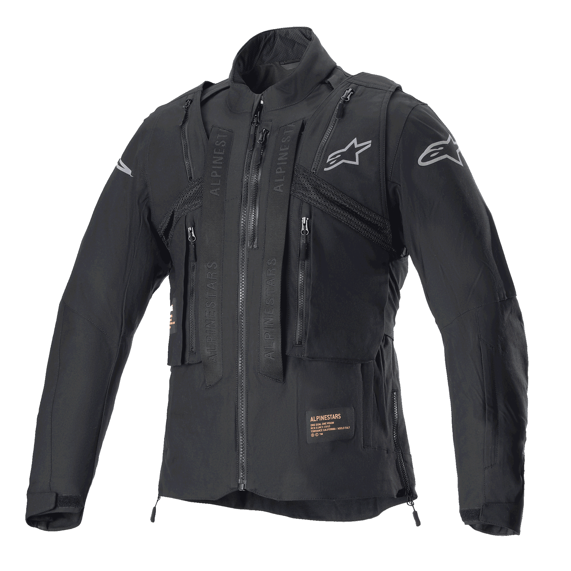 Giacca Alpinestars Techdura, Black Reflex, giacca da moto fuoristrada con gilet tattico integrato, vista frontale, con numerose tasche utility, costruzione in tessuto robusto e loghi Alpinestars argento, progettata per l'enduro