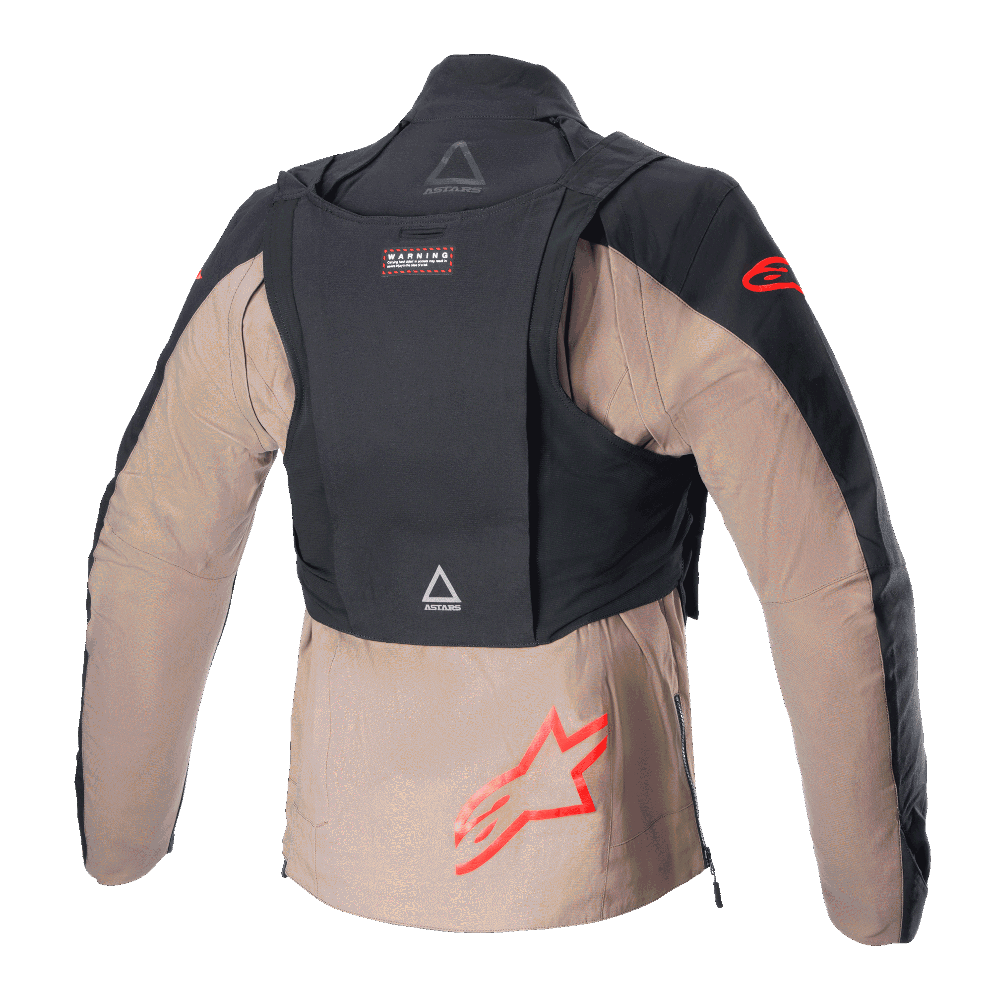 Giacca Alpinestars Techdura, Black Falcon Brown, vista posteriore con zaino tattico staccabile, loghi a stella Alpinestars rossi, robusta costruzione in tessuto per guida enduro e off-road
