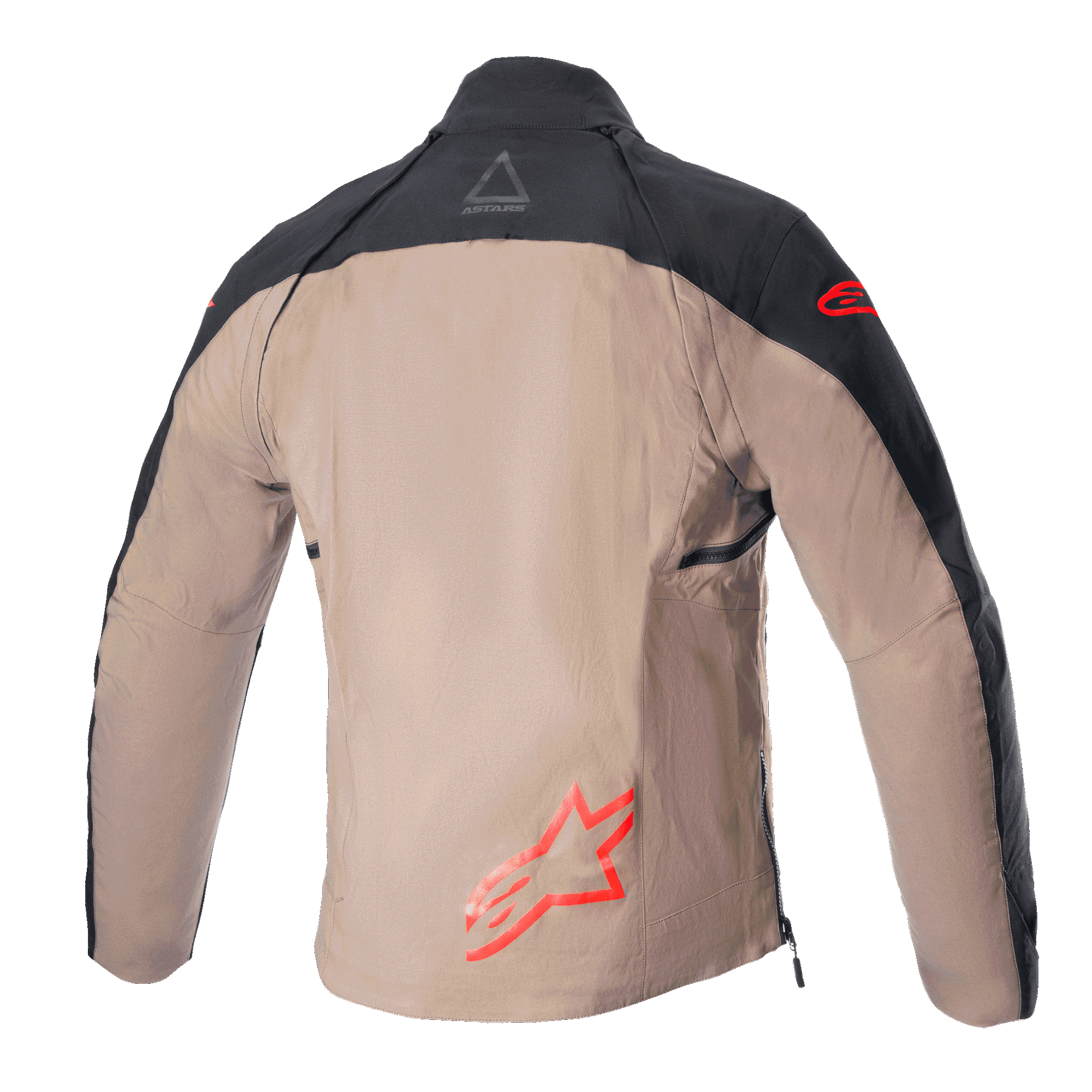 Alpinestars Techdura Jacket, giacca da enduro off-road, nero e marrone Falcon, vista posteriore senza gilet tattico, con loghi Astars rossi e costruzione in tela di poliammide resistente