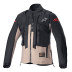 Giacca Alpinestars Techdura, giacca da enduro fuoristrada, nero e marrone Falcon, caratterizzata da un design modulare con gilet tattico integrato, tasche multiple, struttura in tessuto resistente e loghi Alpinestars sul petto e sulle maniche.