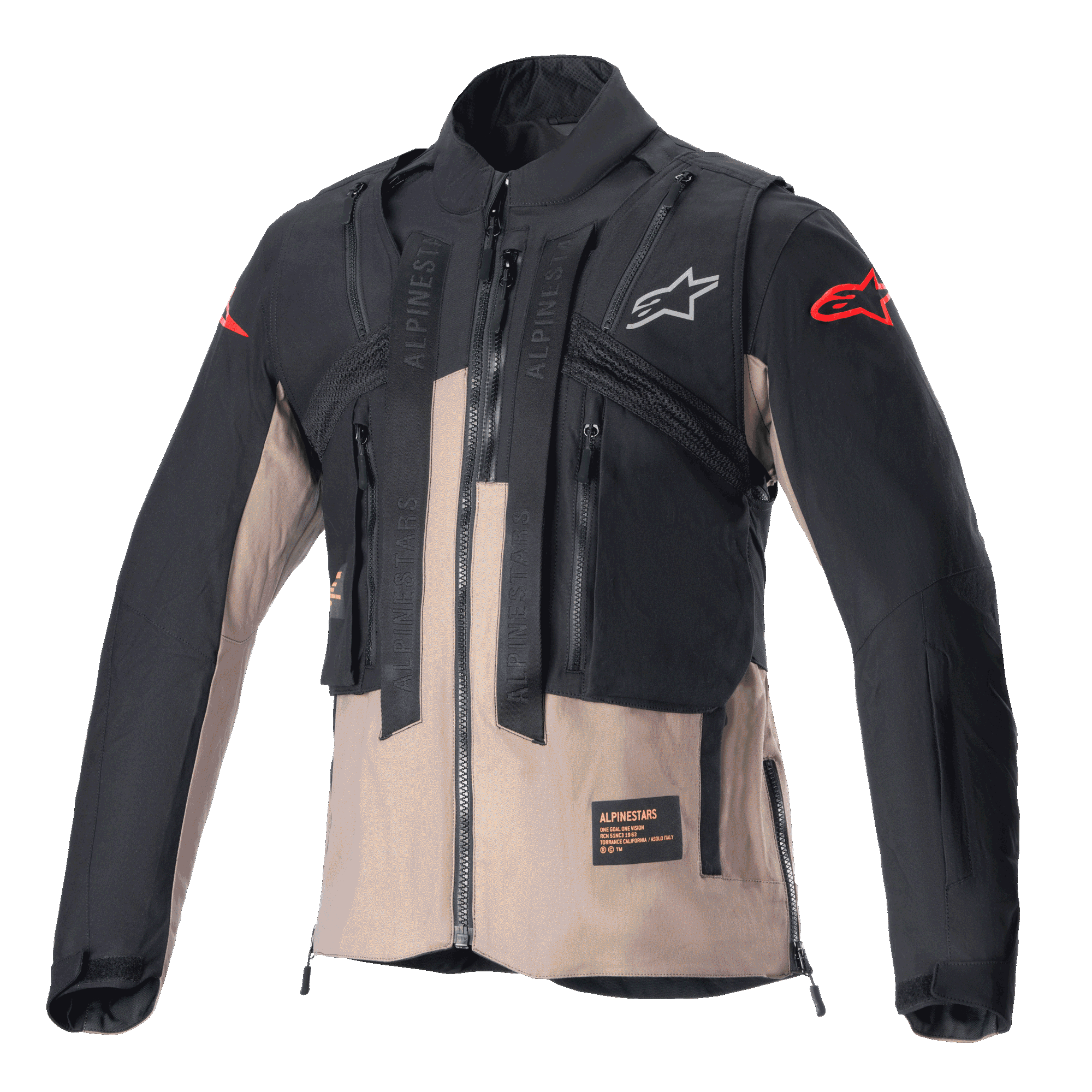 Giacca Alpinestars Techdura, giacca da enduro fuoristrada, nero e marrone Falcon, caratterizzata da un design modulare con gilet tattico integrato, tasche multiple, struttura in tessuto resistente e loghi Alpinestars sul petto e sulle maniche.