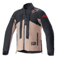 Giacca Alpinestars Techdura, giacca da moto fuoristrada, nero e marrone Falcon Brown, design bicolore con loghi a stella rossi su spalle e maniche, cinghie verticali con marchio Alpinestars sul petto, materiale tessile resistente
