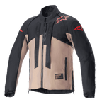 Giacca Alpinestars Techdura, giacca da moto fuoristrada, nero e marrone Falcon Brown, design bicolore con loghi a stella rossi su spalle e maniche, cinghie verticali con marchio Alpinestars sul petto, materiale tessile resistente