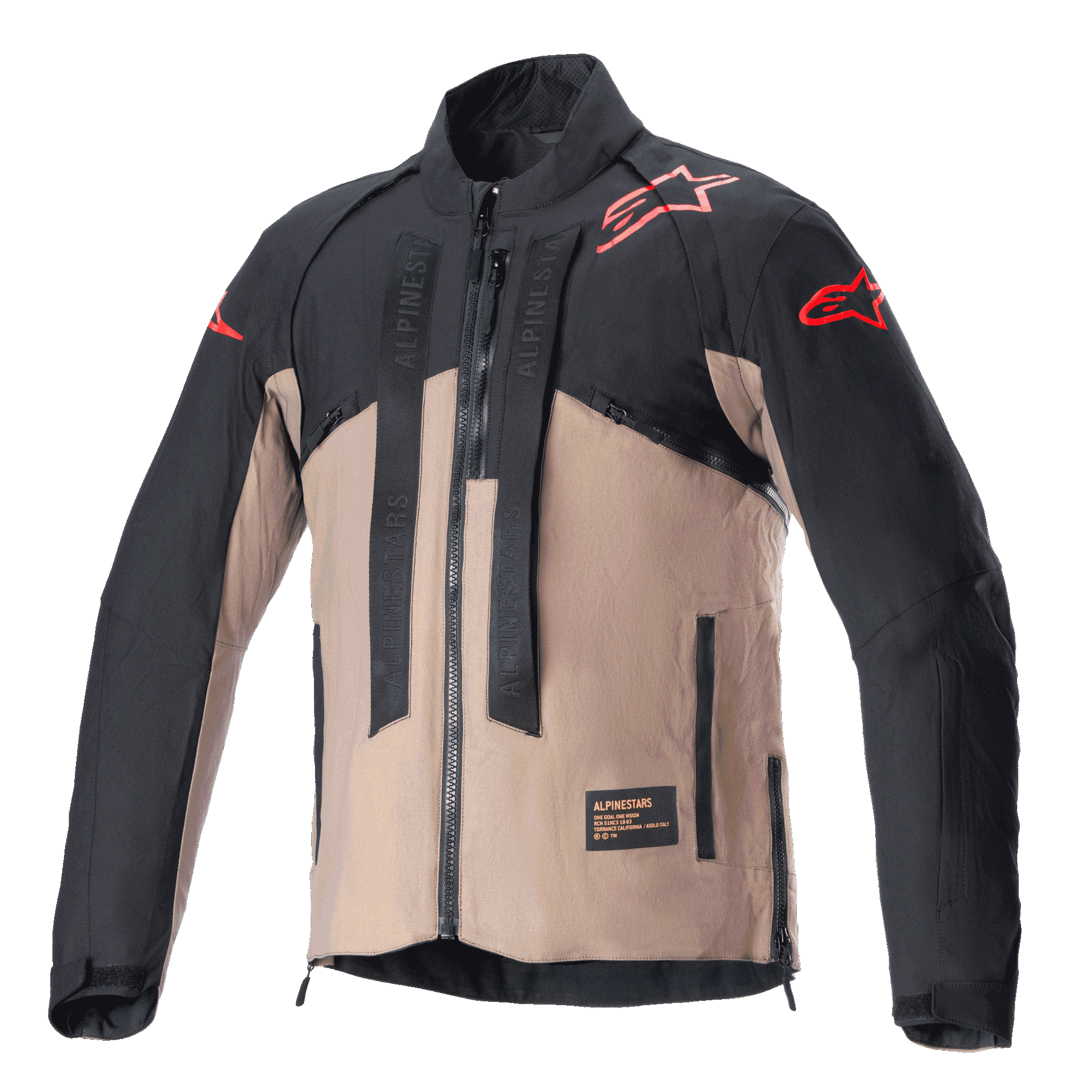 Giacca Alpinestars Techdura, giacca da moto fuoristrada, nero e marrone Falcon Brown, design bicolore con loghi a stella rossi su spalle e maniche, cinghie verticali con marchio Alpinestars sul petto, materiale tessile resistente