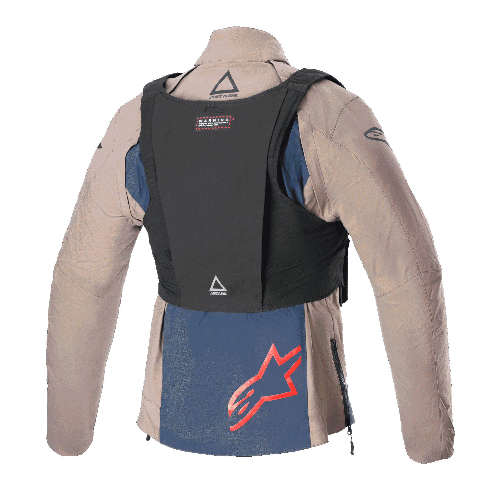 Giacca Alpinestars Techdura, Falcon Brown e Night Navy, vista posteriore con gilet tattico nero, con logo Alpinestars rosso sul pannello inferiore blu navy, robusta costruzione in tessuto per guida enduro e off-road