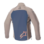 Alpinestars Giacca Techdura, vista posteriore, Falcon Brown e Night Navy, con pannello posteriore blu navy e grande logo a stella arancione, maniche e spalle in tessuto marrone, costruzione in robusta poliammide elasticizzata per enduro e off-road
