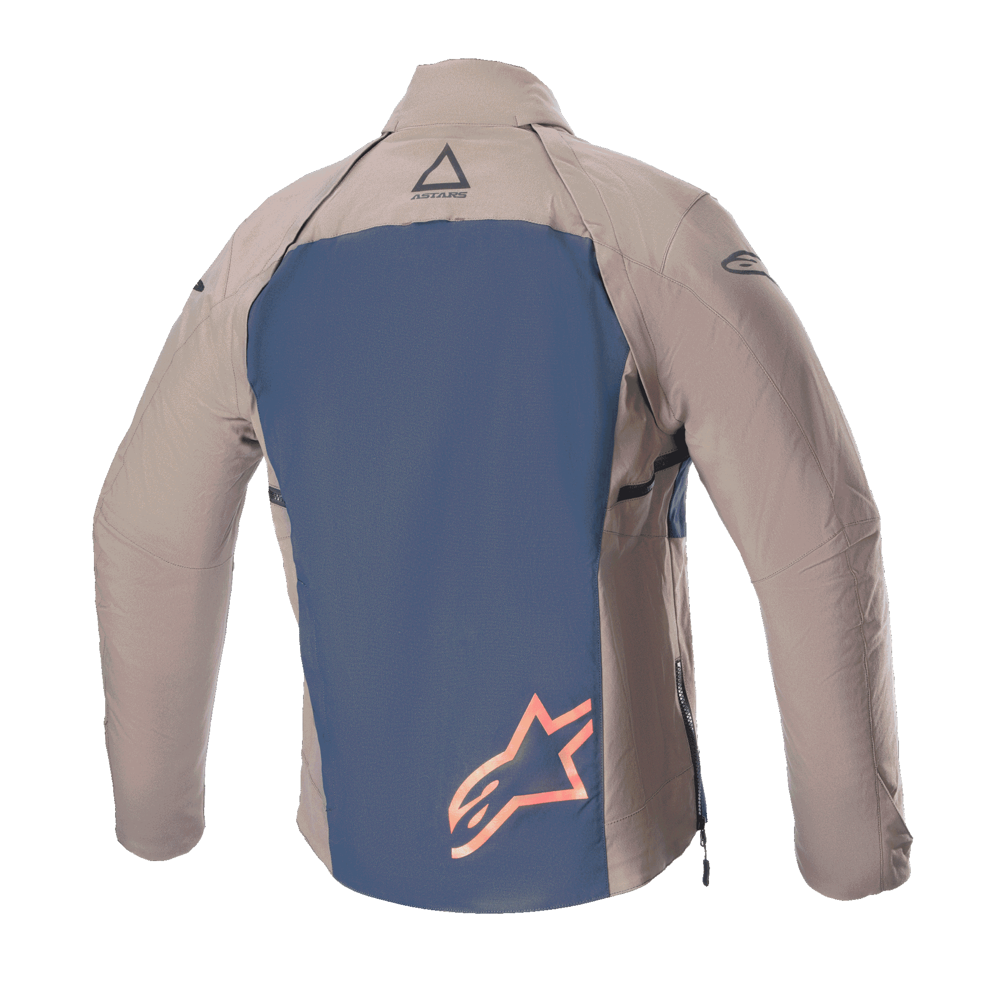 Alpinestars Giacca Techdura, vista posteriore, Falcon Brown e Night Navy, con pannello posteriore blu navy e grande logo a stella arancione, maniche e spalle in tessuto marrone, costruzione in robusta poliammide elasticizzata per enduro e off-road