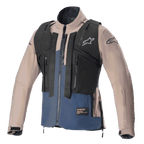 Giacca Alpinestars Techdura, marrone Falcon Brown e blu Night Navy, con gilet tattico rimovibile nero con tasche multiple con cerniera, robusta costruzione in poliammide elasticizzata, logo a stella sul petto e sulle maniche, progettata per l'enduro e il fuoristrada.