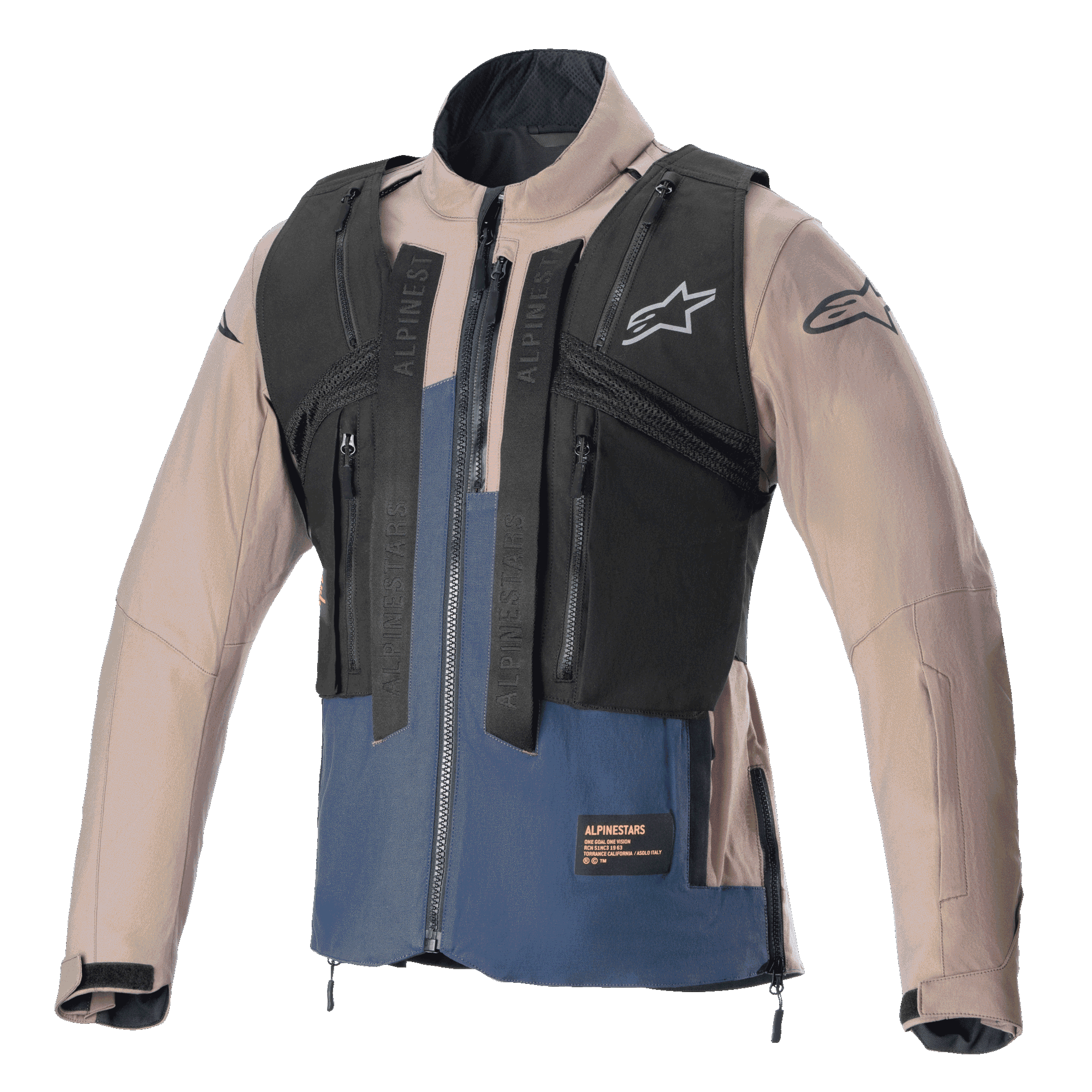 Giacca Alpinestars Techdura, marrone Falcon Brown e blu Night Navy, con gilet tattico rimovibile nero con tasche multiple con cerniera, robusta costruzione in poliammide elasticizzata, logo a stella sul petto e sulle maniche, progettata per l'enduro e il fuoristrada.
