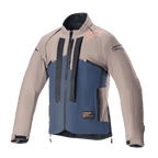Giacca Alpinestars Techdura, giacca da moto off-road, Falcon Brown e Night Navy, vista frontale, costruzione bicolore con branding Alpinestars nero verticale, logo arancione sulla spalla, colletto alto e zip frontale, abbigliamento tecnico per guida enduro e adventure