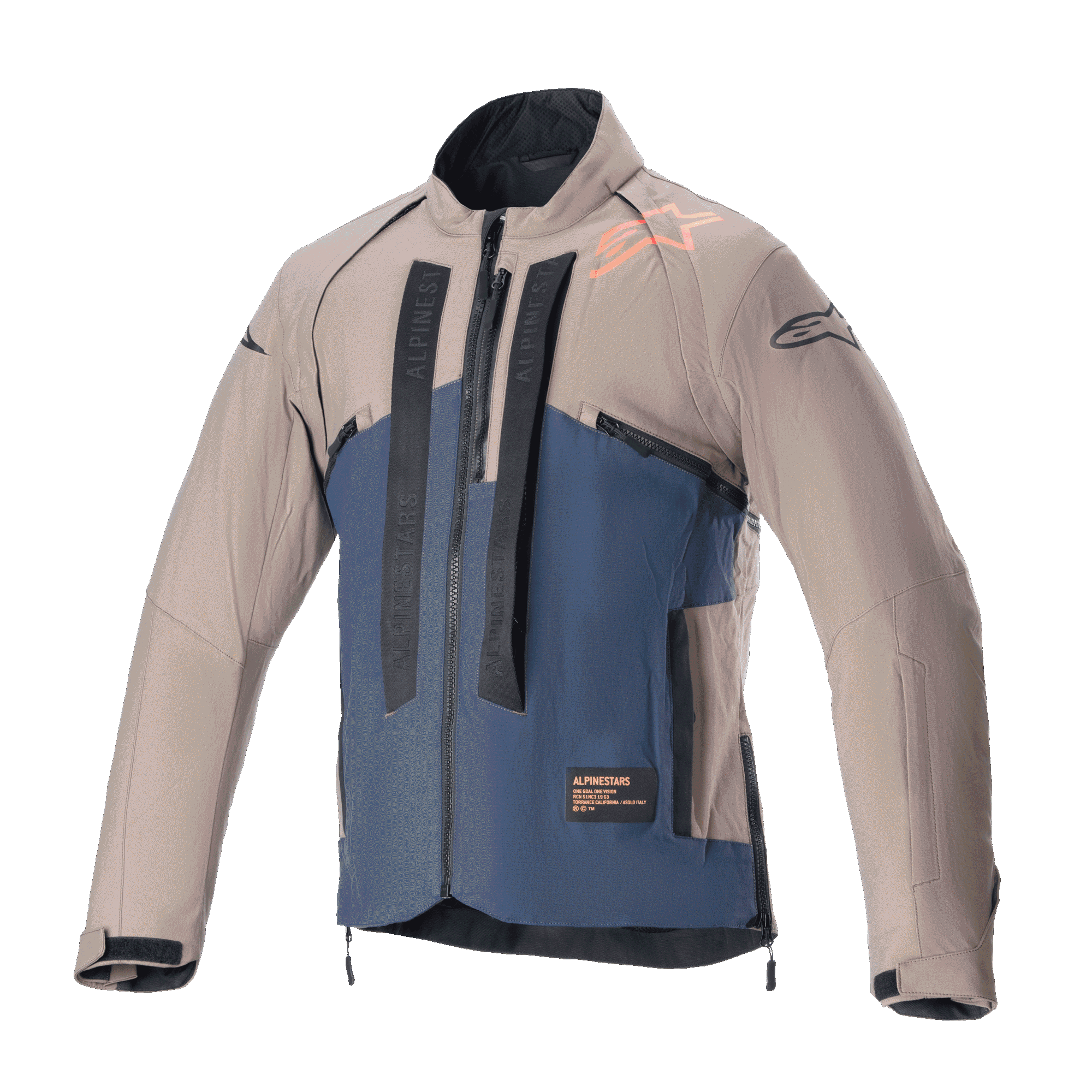 Giacca Alpinestars Techdura, giacca da moto off-road, Falcon Brown e Night Navy, vista frontale, costruzione bicolore con branding Alpinestars nero verticale, logo arancione sulla spalla, colletto alto e zip frontale, abbigliamento tecnico per guida enduro e adventure