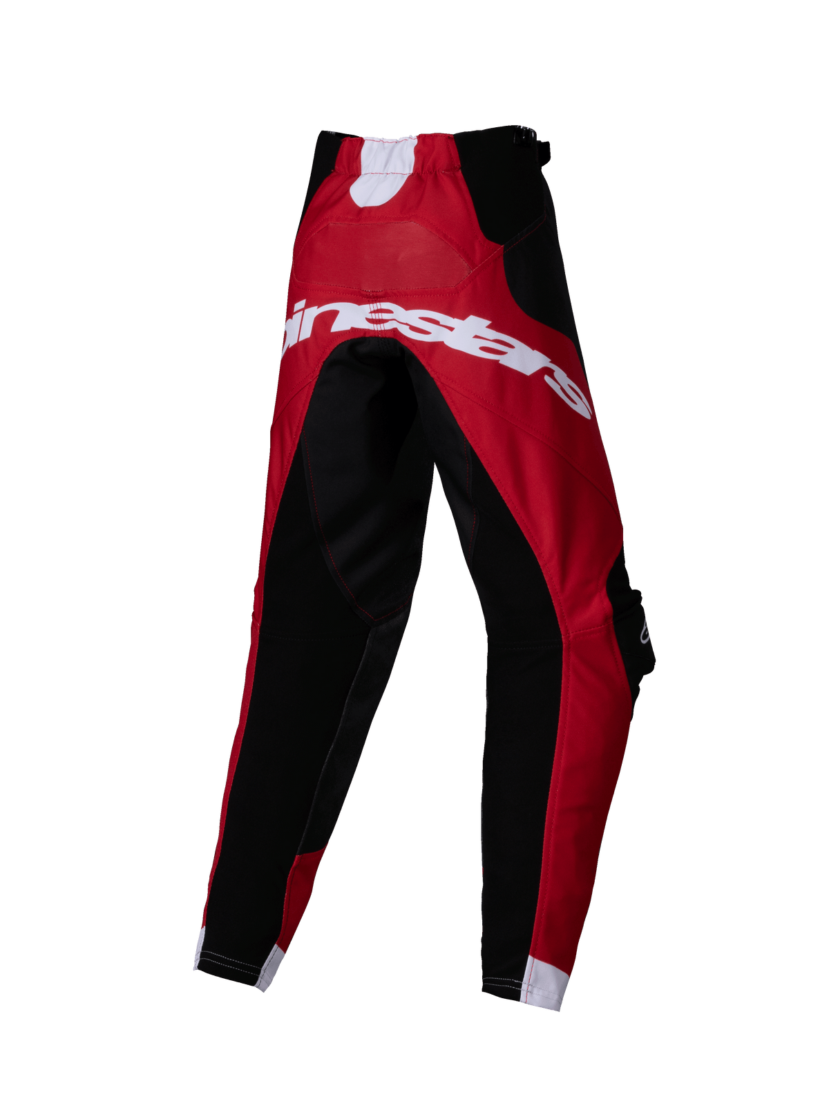 Alpinestars 2025 Kids Racer Veil Pants, pantaloni da motocross, nero e rosso acceso, vista posteriore con grande marchio Alpinestars bianco, design tecnico a più pannelli per gare fuoristrada