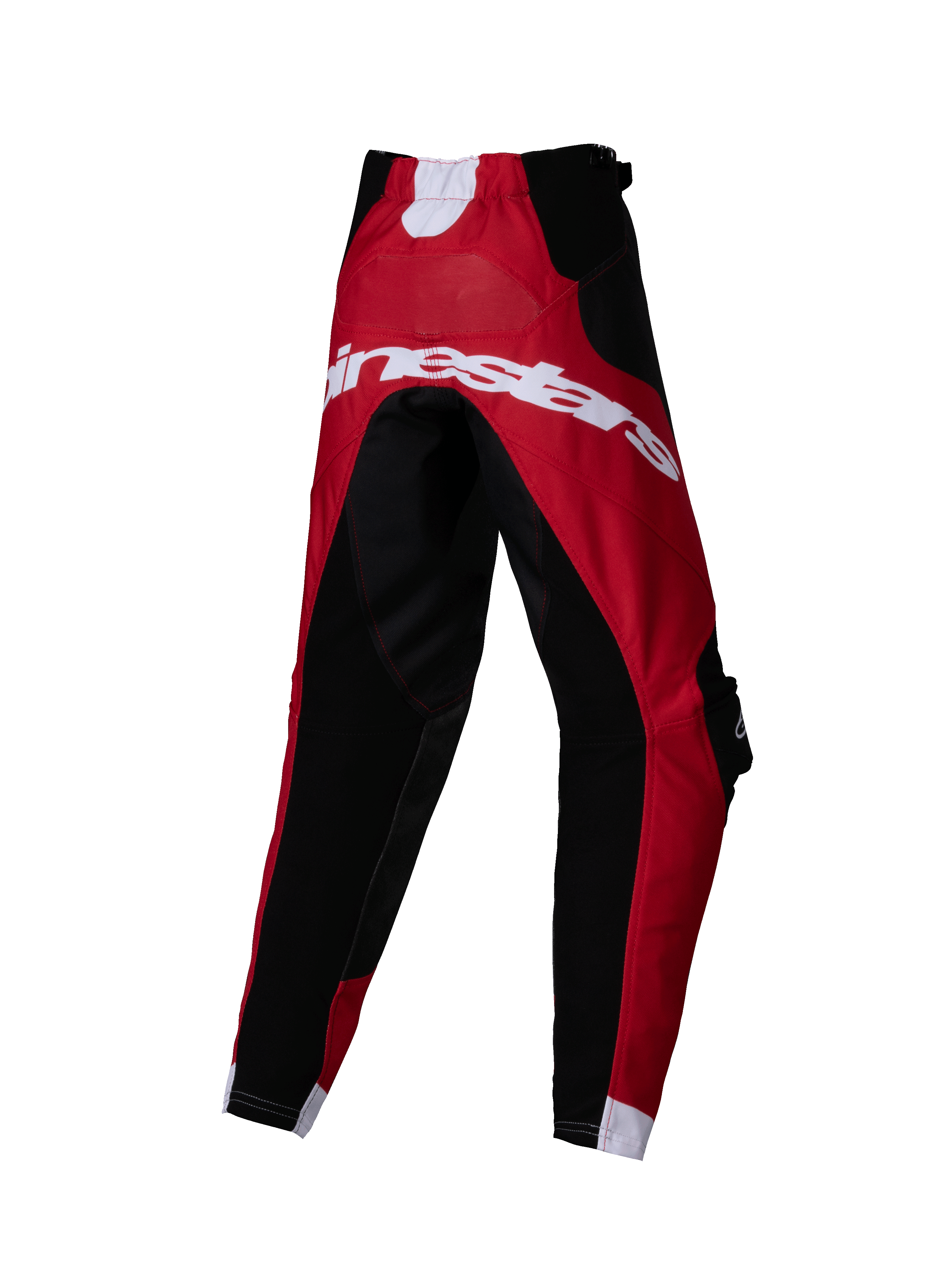 Alpinestars 2025 Kids Racer Veil Pants, pantaloni da motocross, nero e rosso acceso, vista posteriore con grande marchio Alpinestars bianco, design tecnico a più pannelli per gare fuoristrada