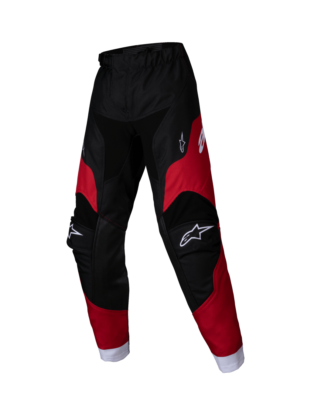 Alpinestars 2025 Kids Racer Veil Pants, pantaloni da motocross per ragazzi, nero e rosso brillante, loghi bianchi su cosce e ginocchia, bordi bianchi alle caviglie, design ergonomico precurvato, materiale resistente per il fuoristrada