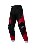 Alpinestars 2025 Kids Racer Veil Pants, pantaloni da motocross per ragazzi, nero e rosso brillante, loghi bianchi su cosce e ginocchia, bordi bianchi alle caviglie, design ergonomico precurvato, materiale resistente per il fuoristrada