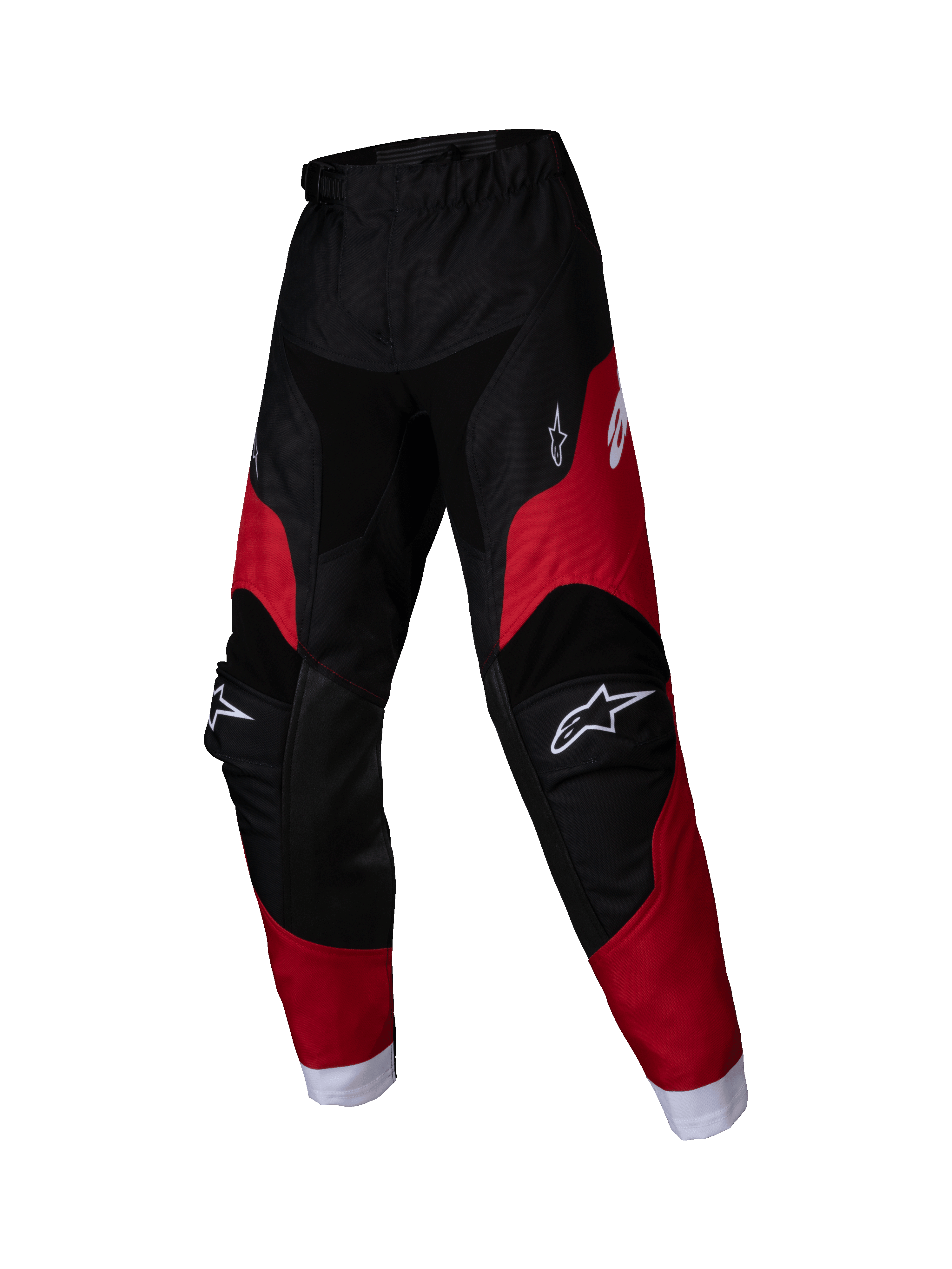 Alpinestars 2025 Kids Racer Veil Pants, pantaloni da motocross per ragazzi, nero e rosso brillante, loghi bianchi su cosce e ginocchia, bordi bianchi alle caviglie, design ergonomico precurvato, materiale resistente per il fuoristrada