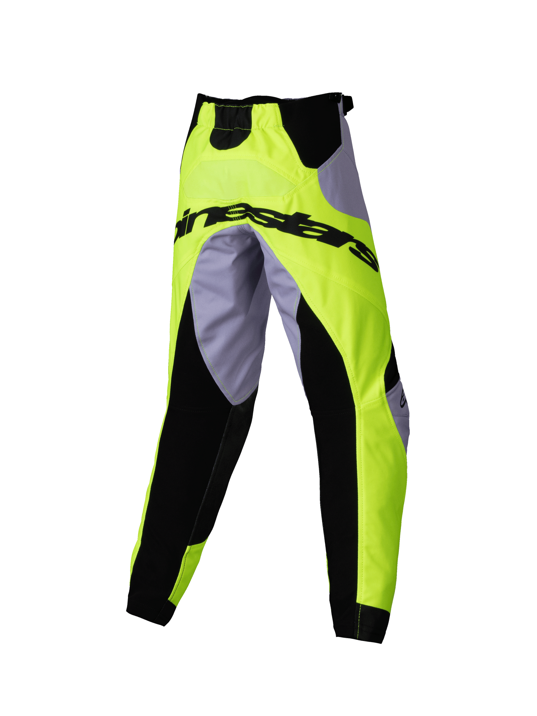 Alpinestars Kids Racer Veil Pants 2025, pantaloni da motocross, grigio e giallo fluo, con pannelli elasticizzati neri e logo Alpinestars sul retro, design ergonomico sportivo per corse fuoristrada giovanili